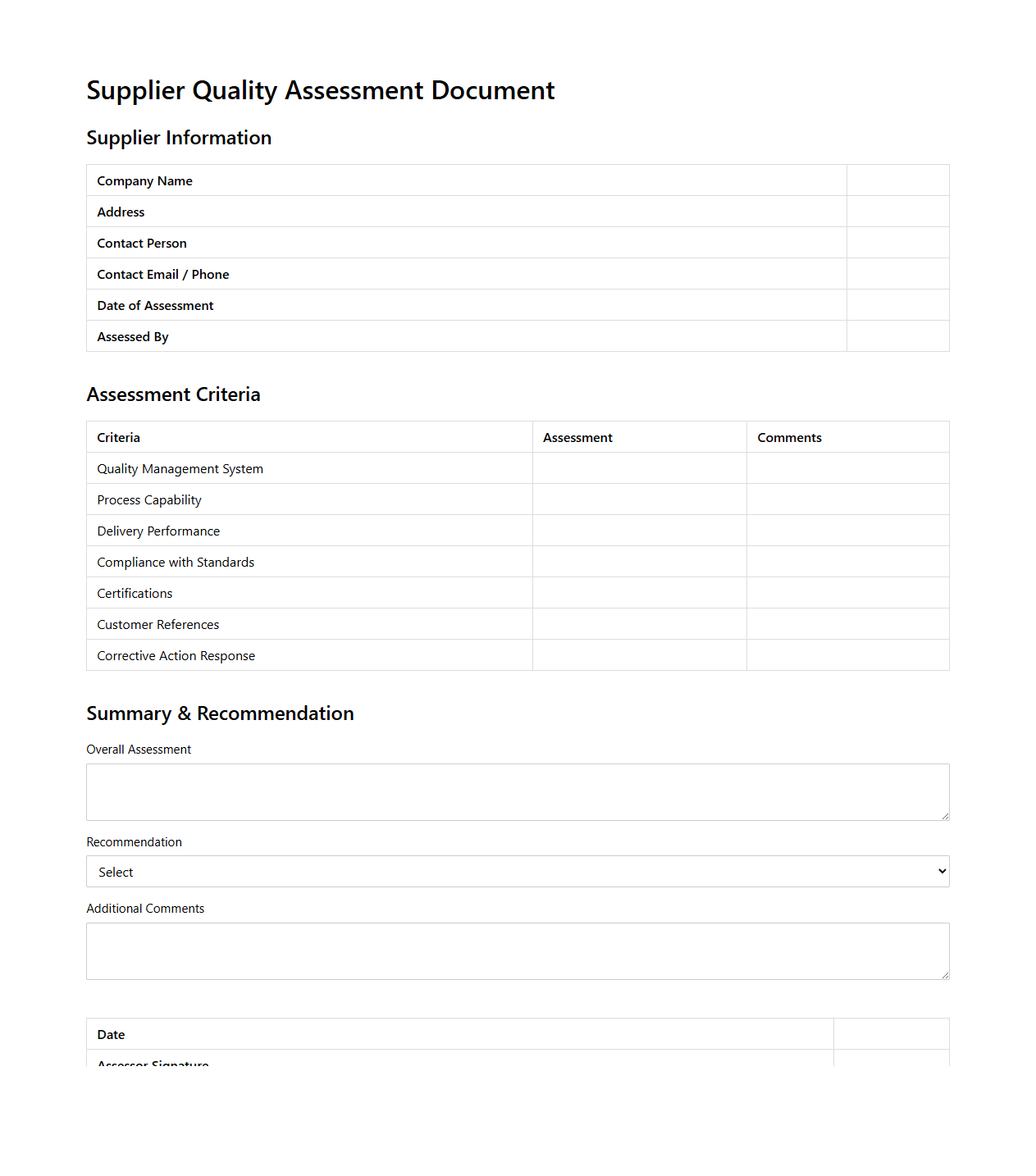 Supplier Quality Assessment Document