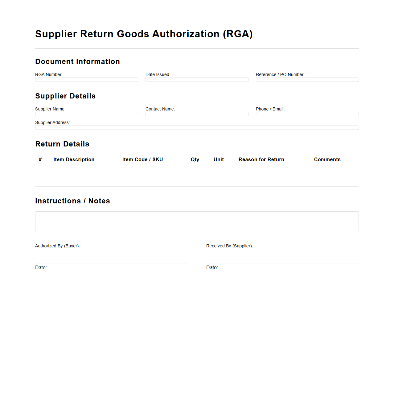 Supplier Return Goods Authorization Document