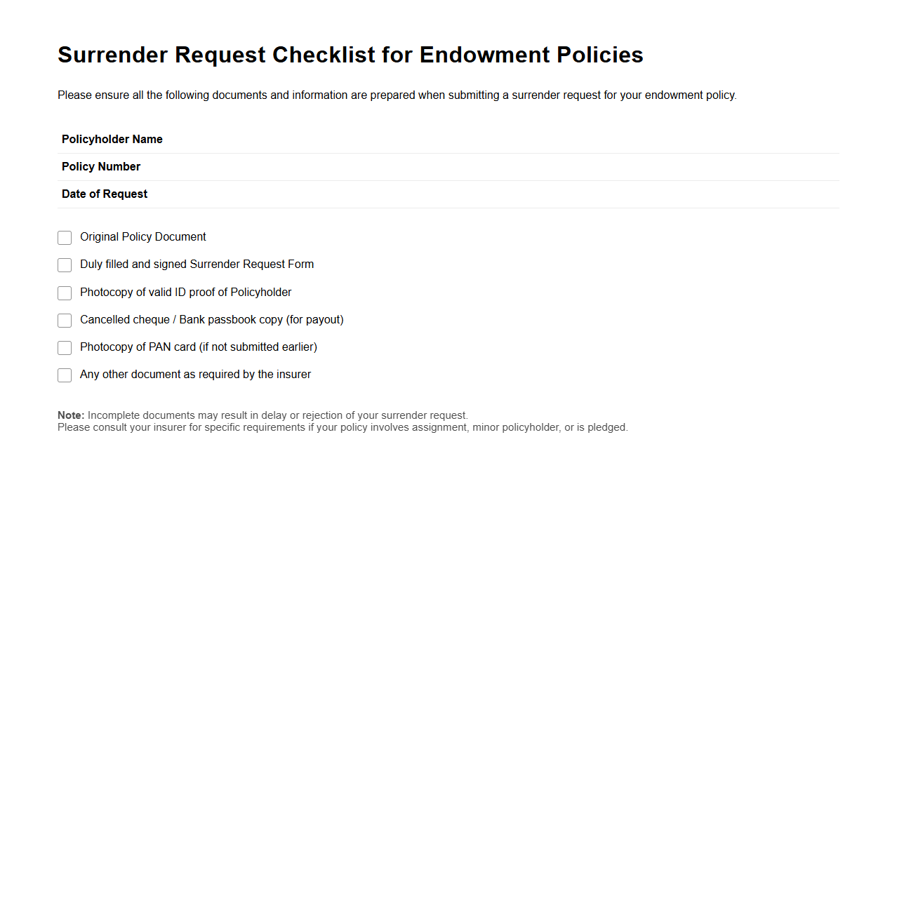 Surrender Request Checklist for Endowment Policies