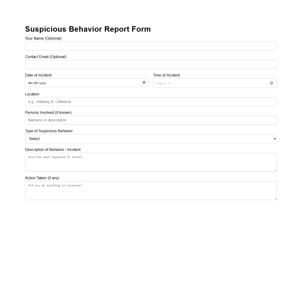 Suspicious Behavior Report Form for School Safety