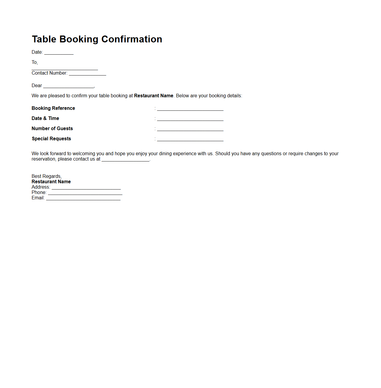 Table Booking Confirmation Letter for Restaurants