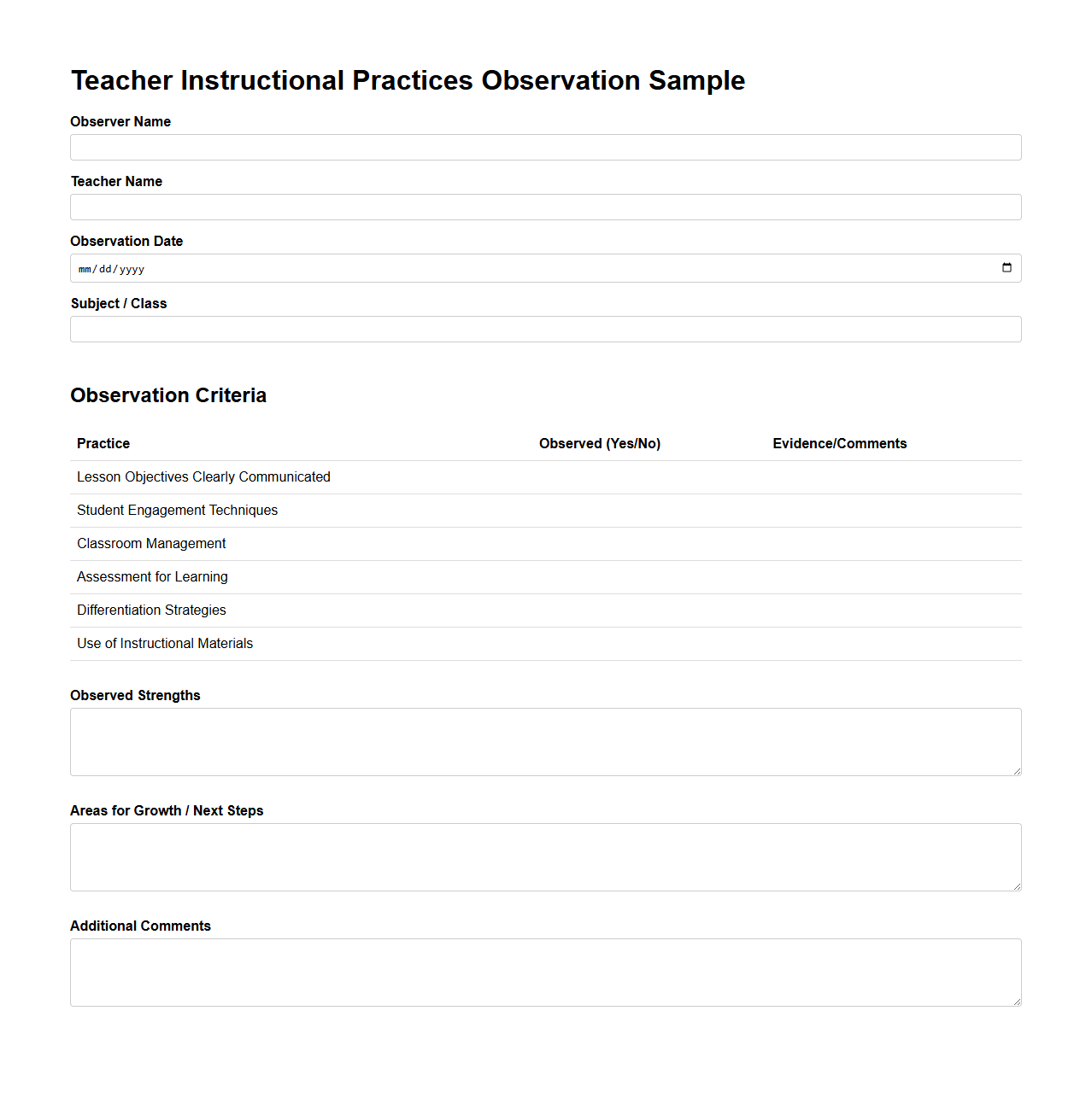 Teacher Instructional Practices Observation Sample