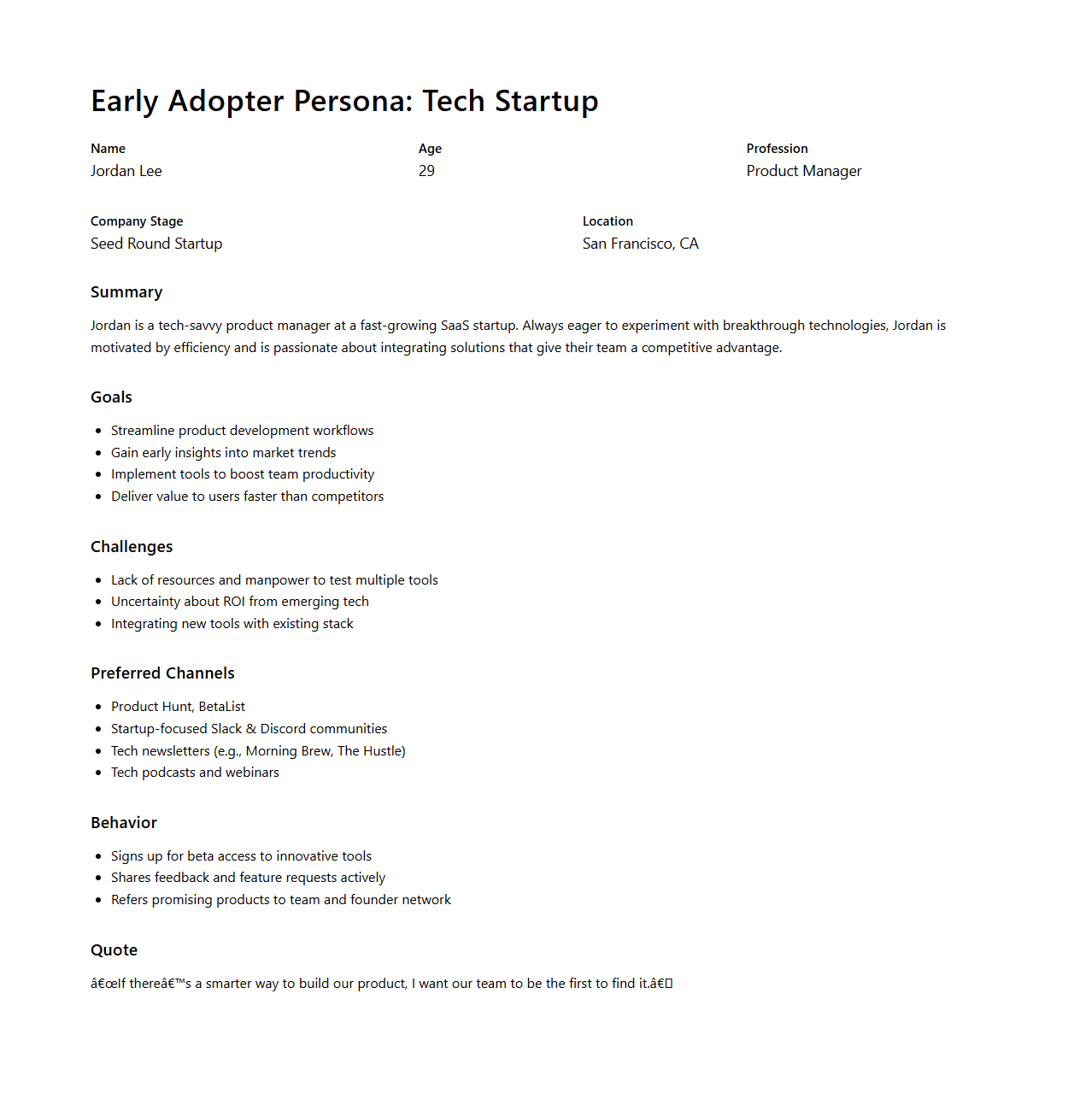 Tech Startup Early Adopter Persona