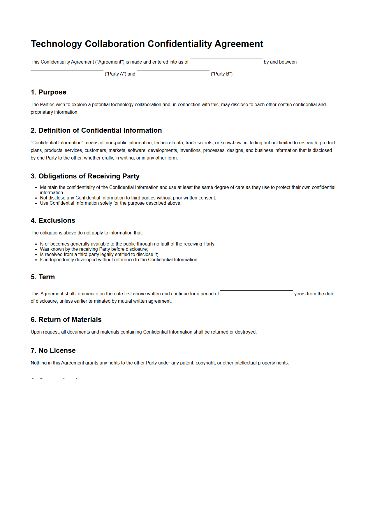 Technology Collaboration Confidentiality Agreement