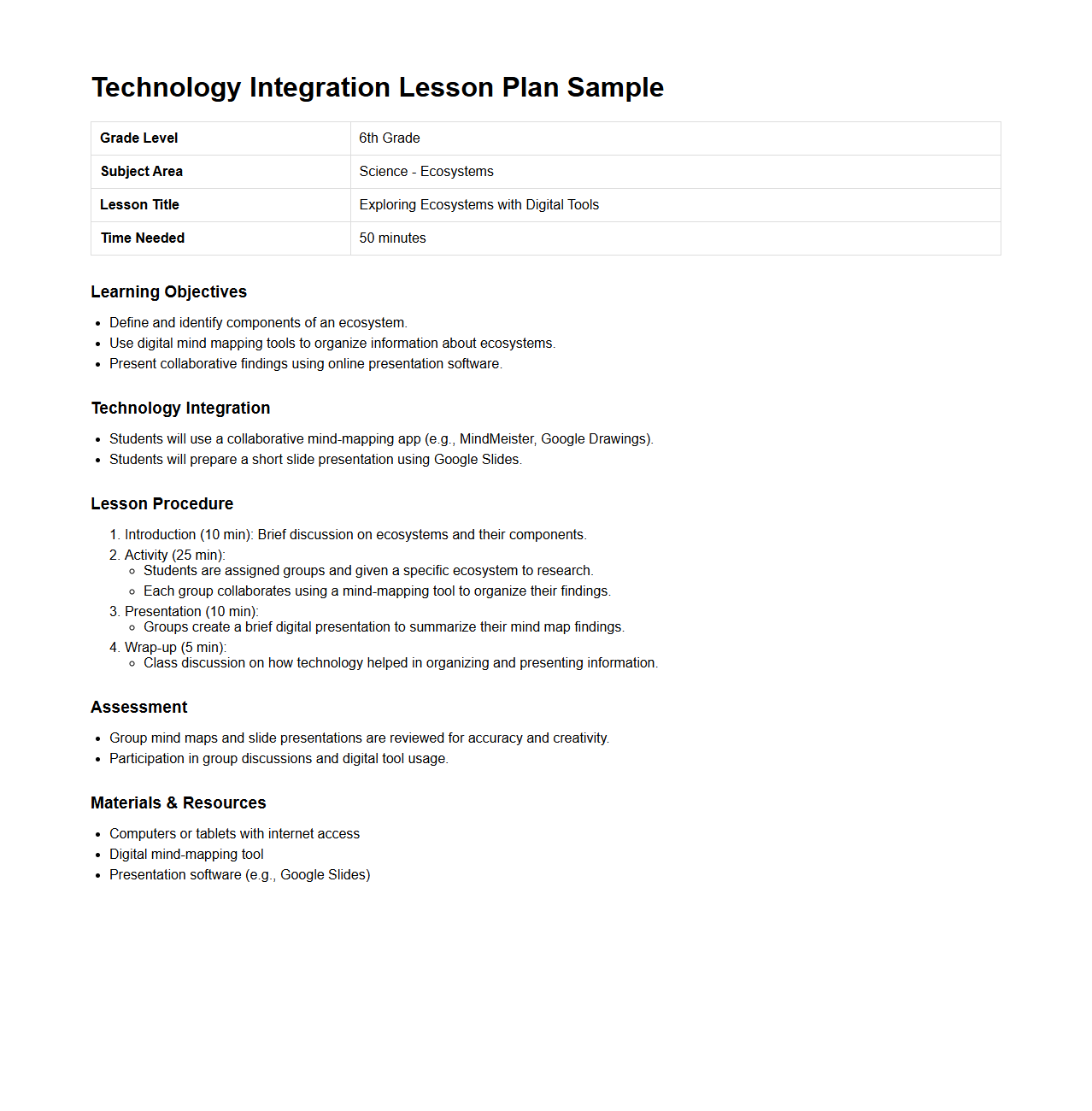Technology Integration Lesson Plan Sample