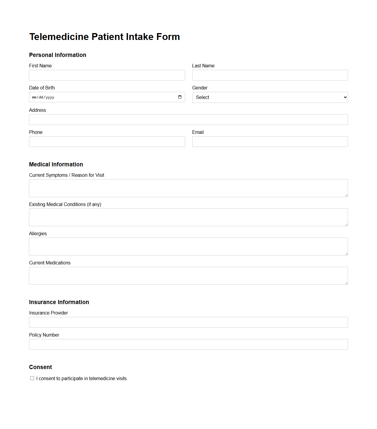 Telemedicine Patient Intake Form Sample