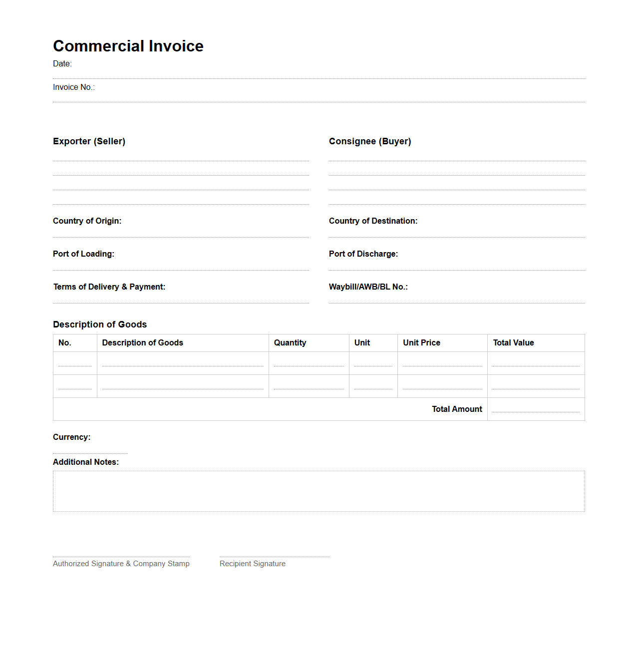 Template for Export Commercial Invoice