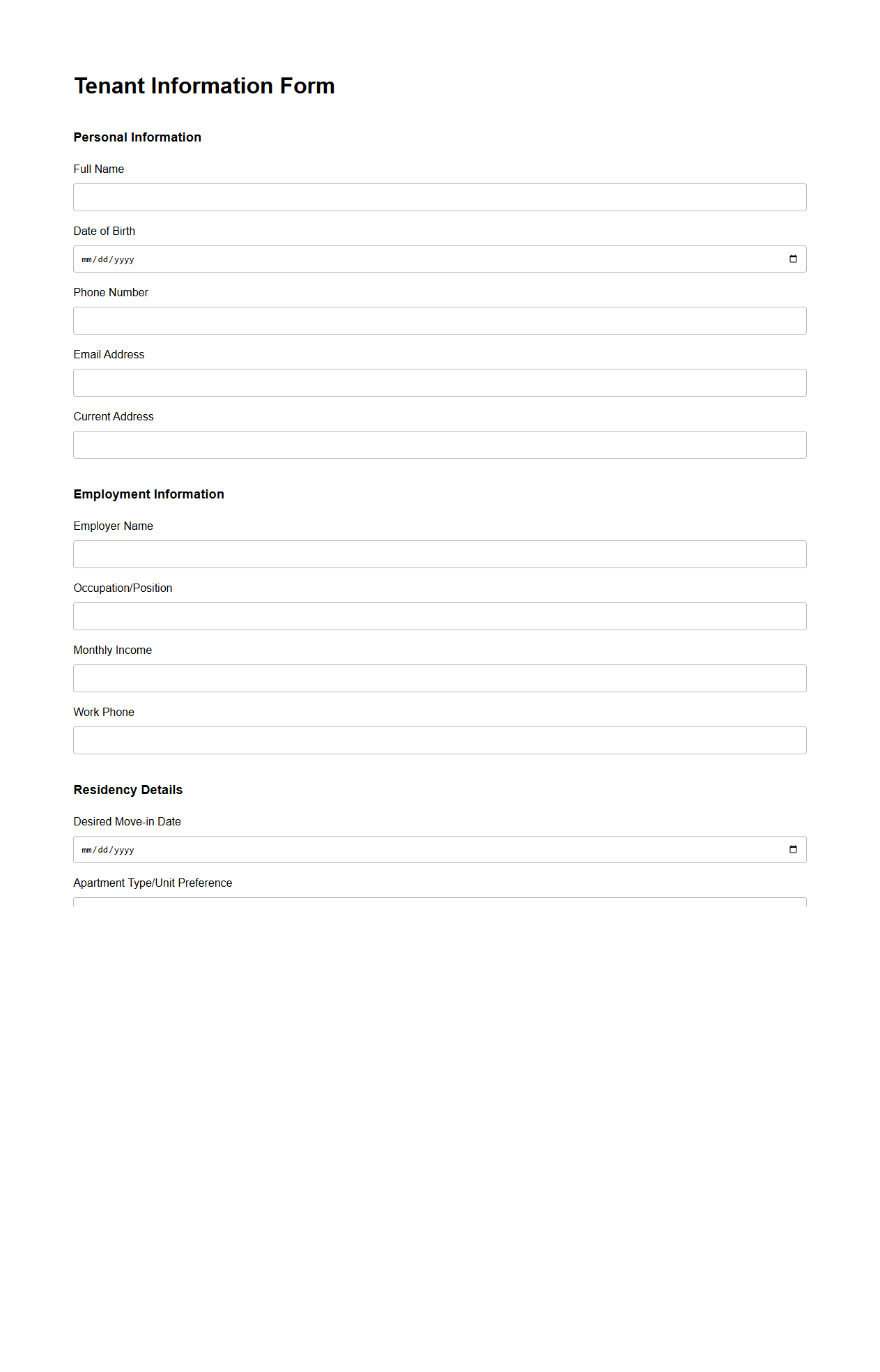 Tenant Information Form for Apartment Leasing
