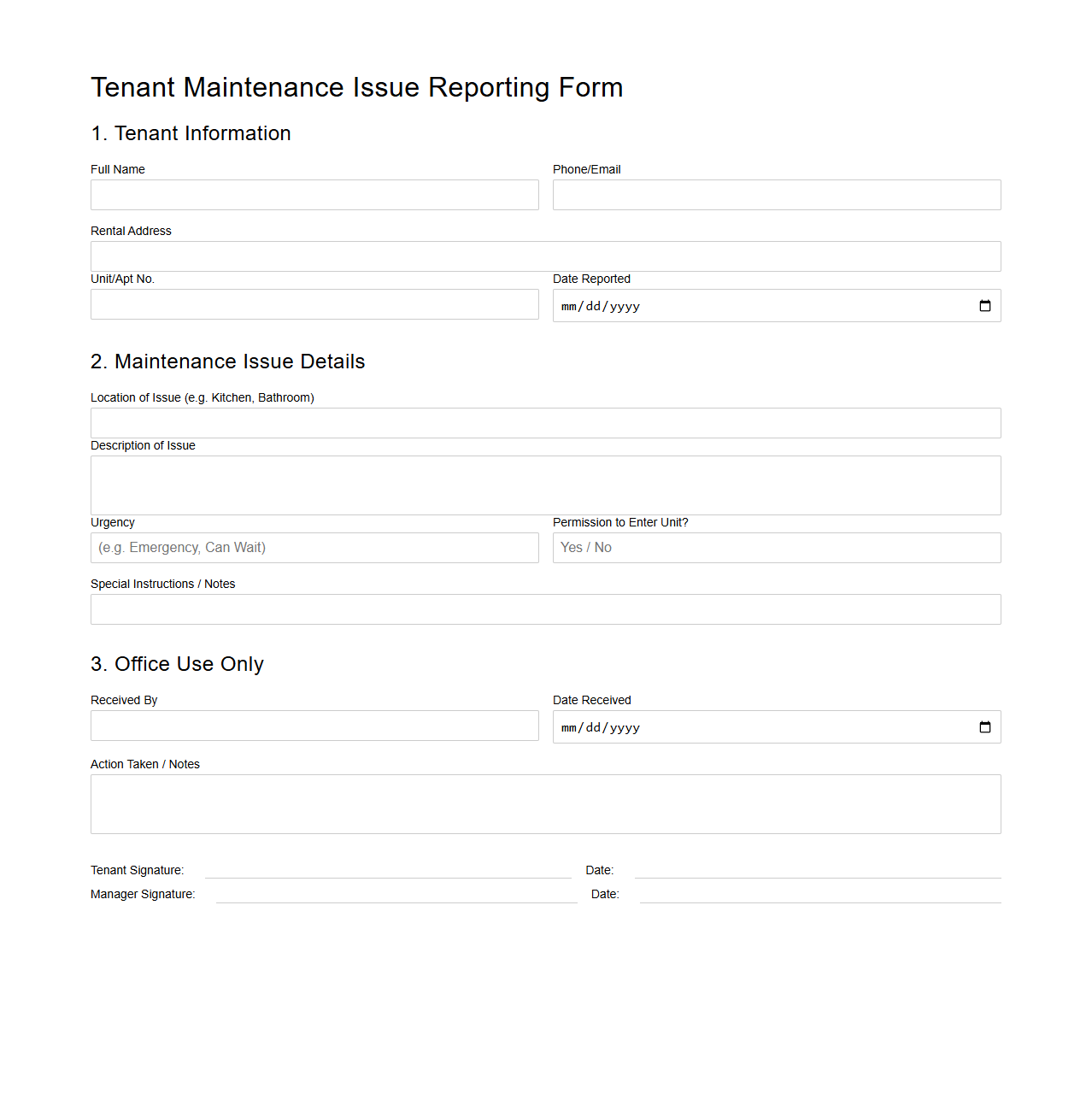 Tenant Maintenance Issue Reporting Document Sample