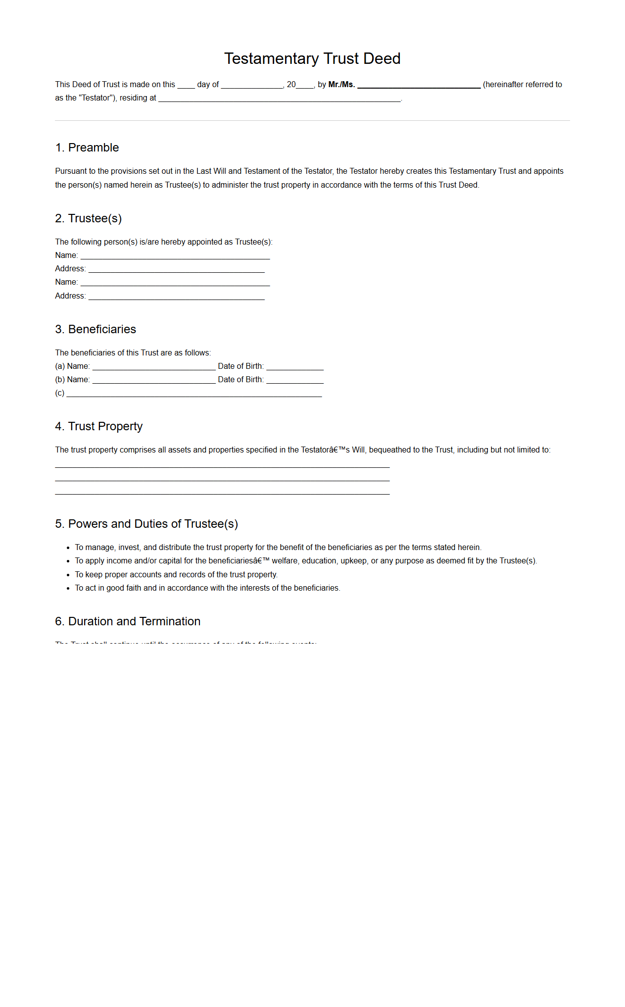 Testamentary Trust Deed Draft