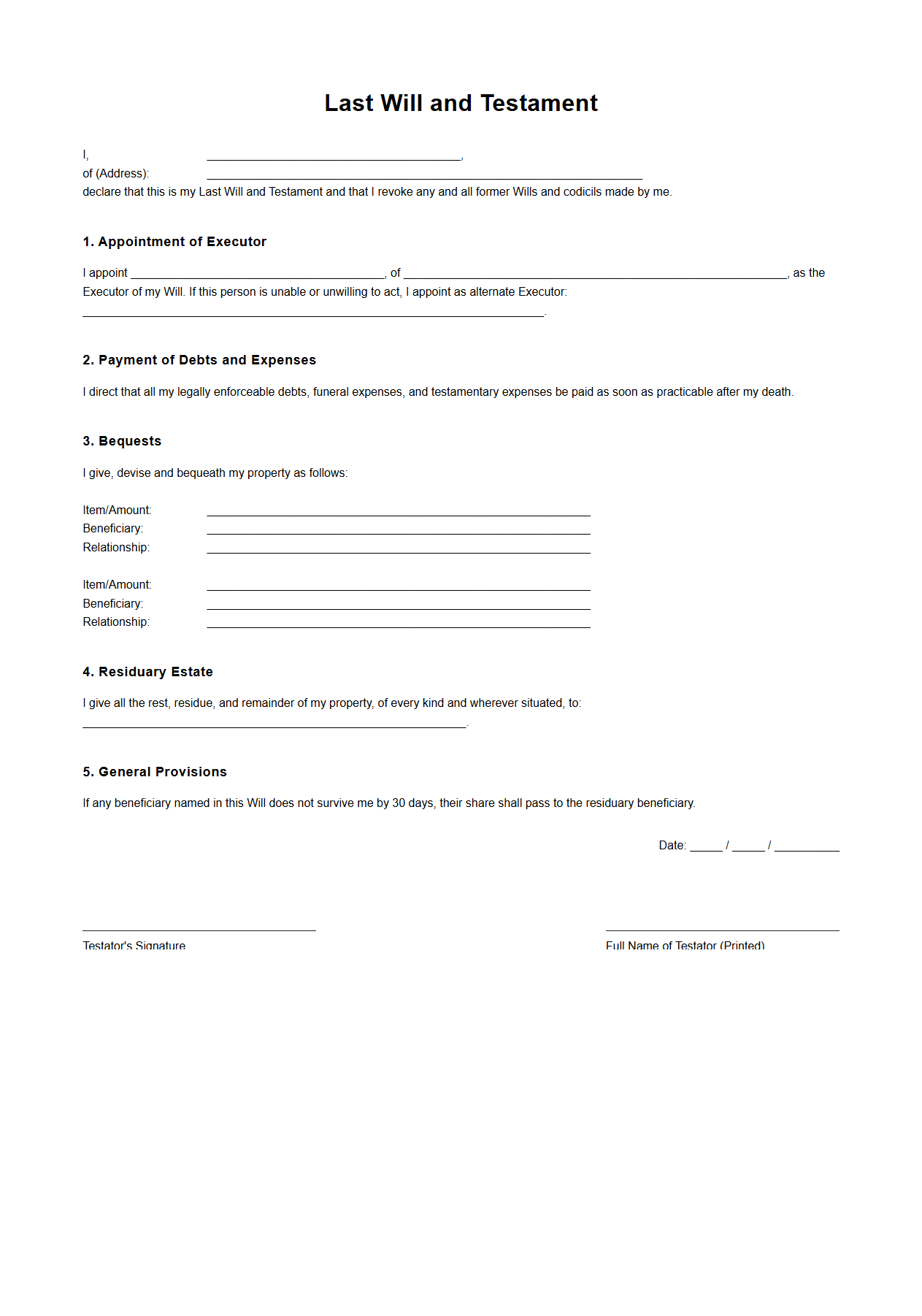 Testamentary Will Layout for Single Individuals