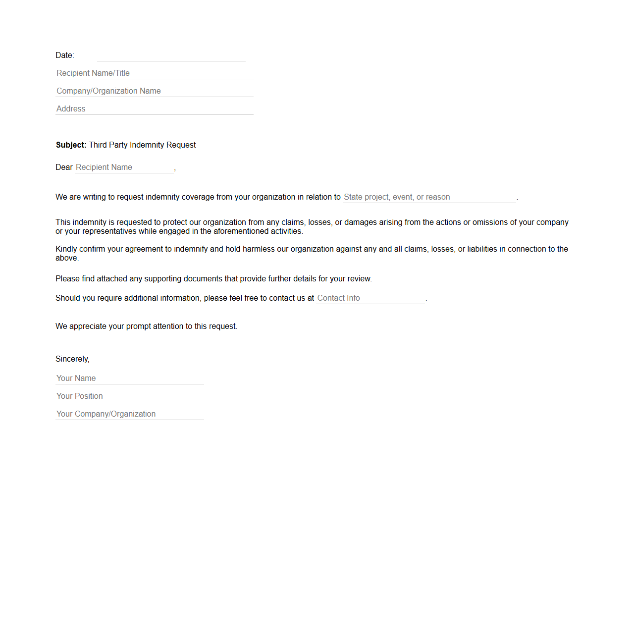 Third Party Indemnity Request Letter Format