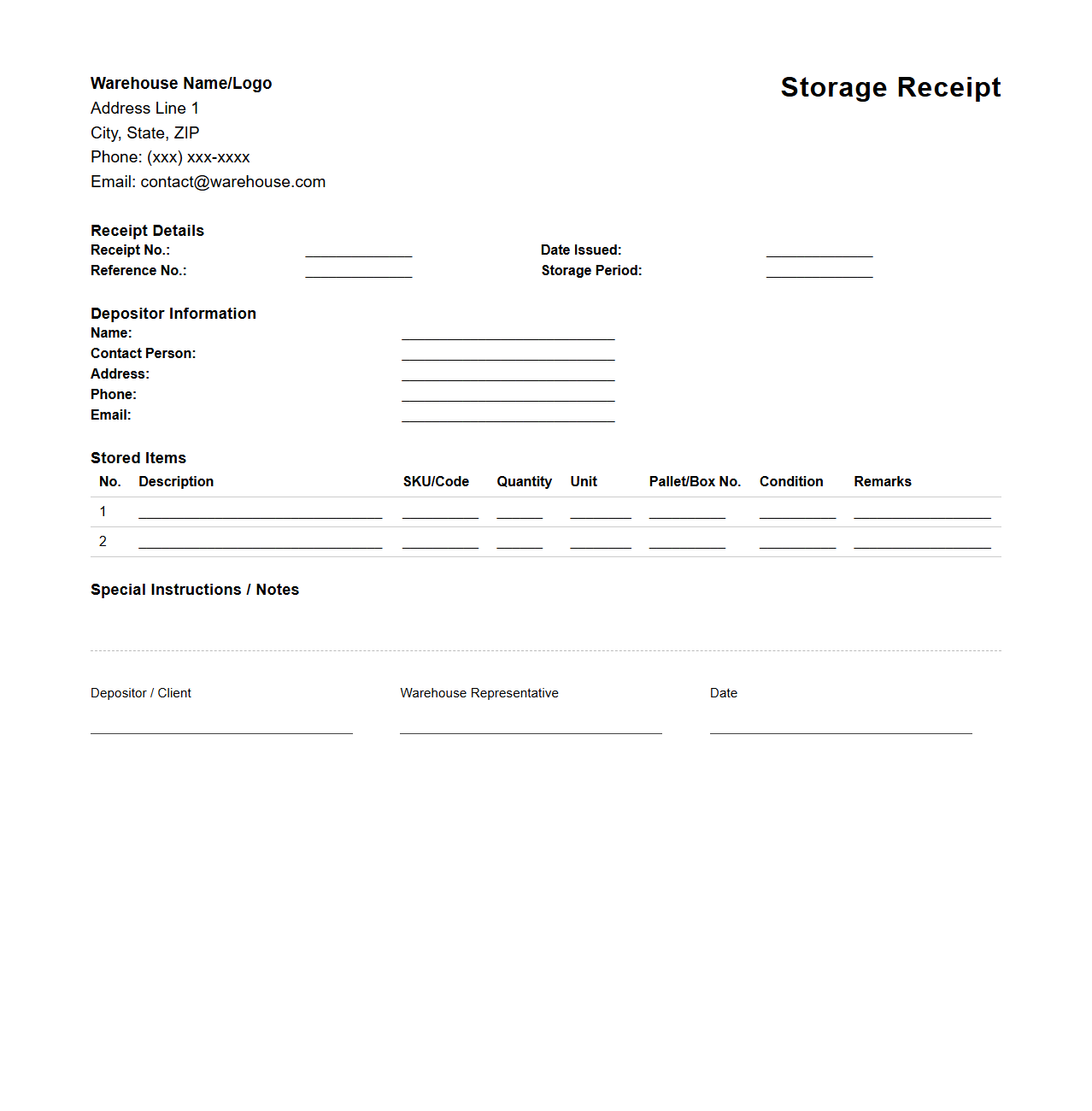 Third-Party Logistics Warehouse Storage Receipt Structure