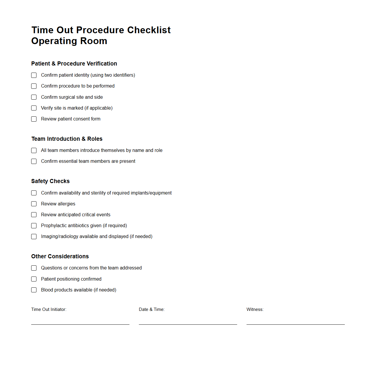Time Out Procedure Checklist Example for Operating Room