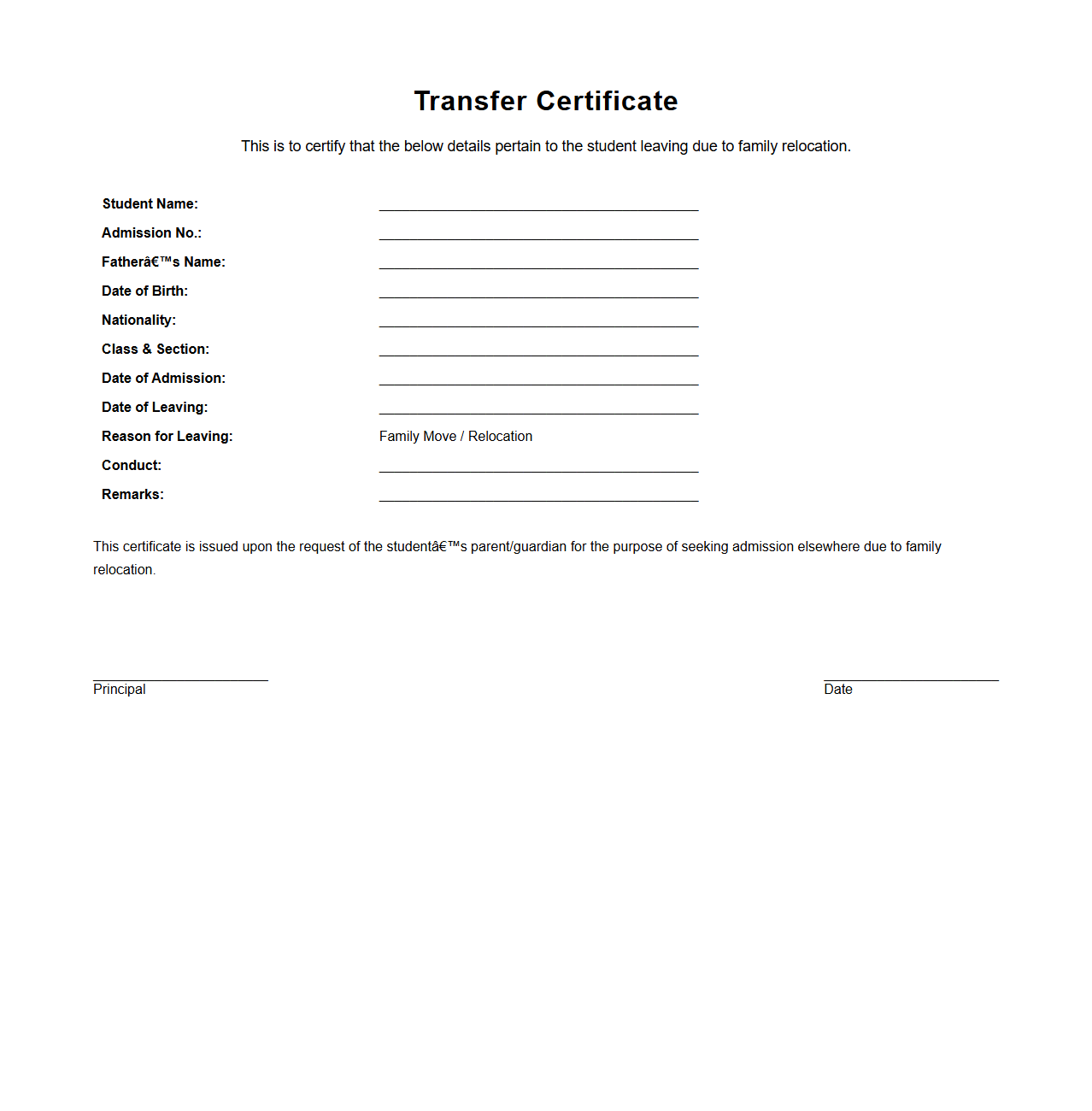 Transfer Certificate Example for Student Family Move