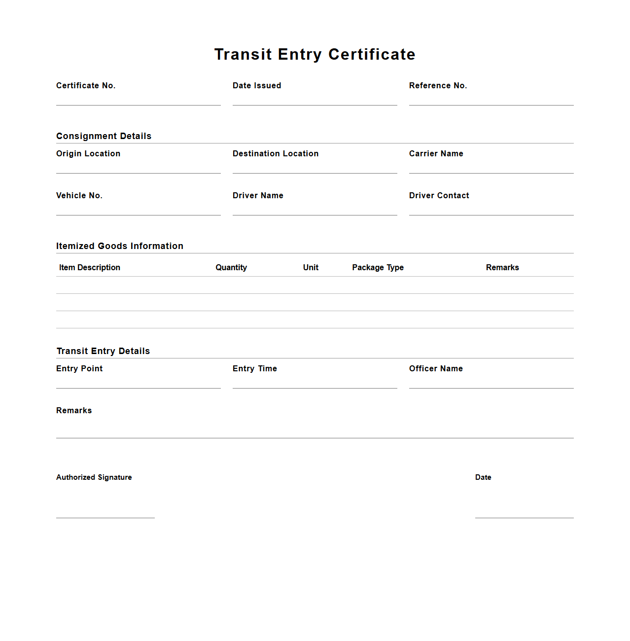 Transit Entry Certificate Layout for Logistics Operations