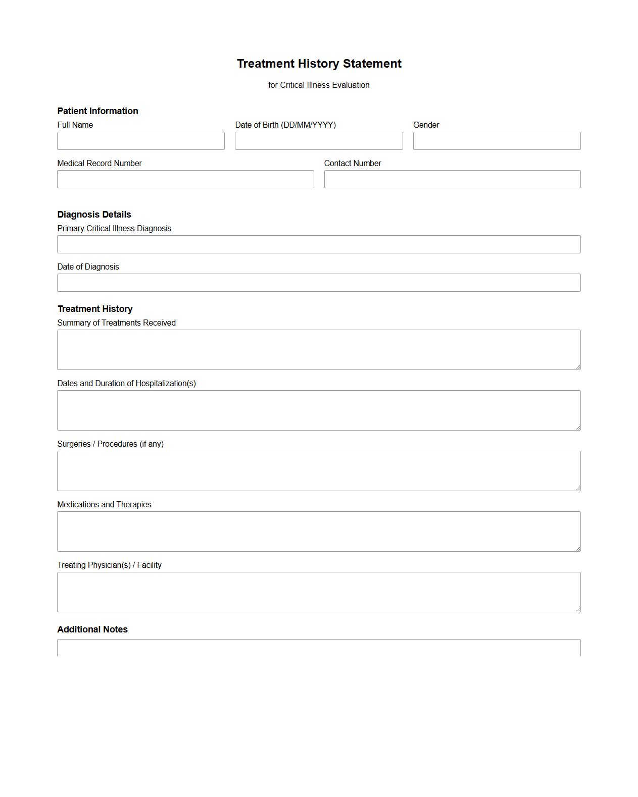 Treatment History Statement for Critical Illness Evaluation