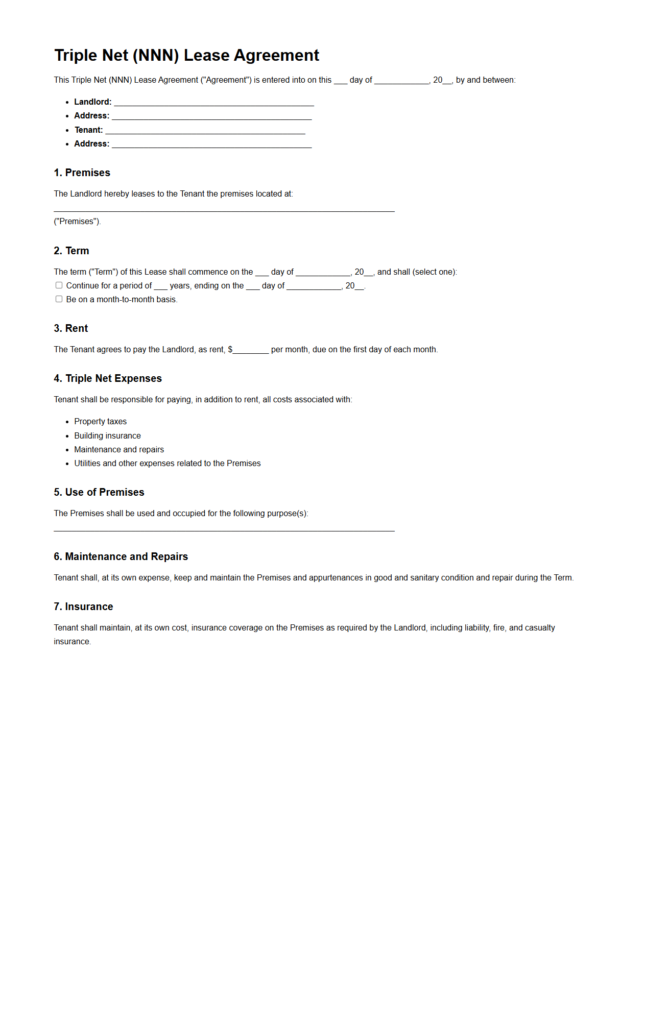 Triple Net (NNN) Lease Agreement Template
