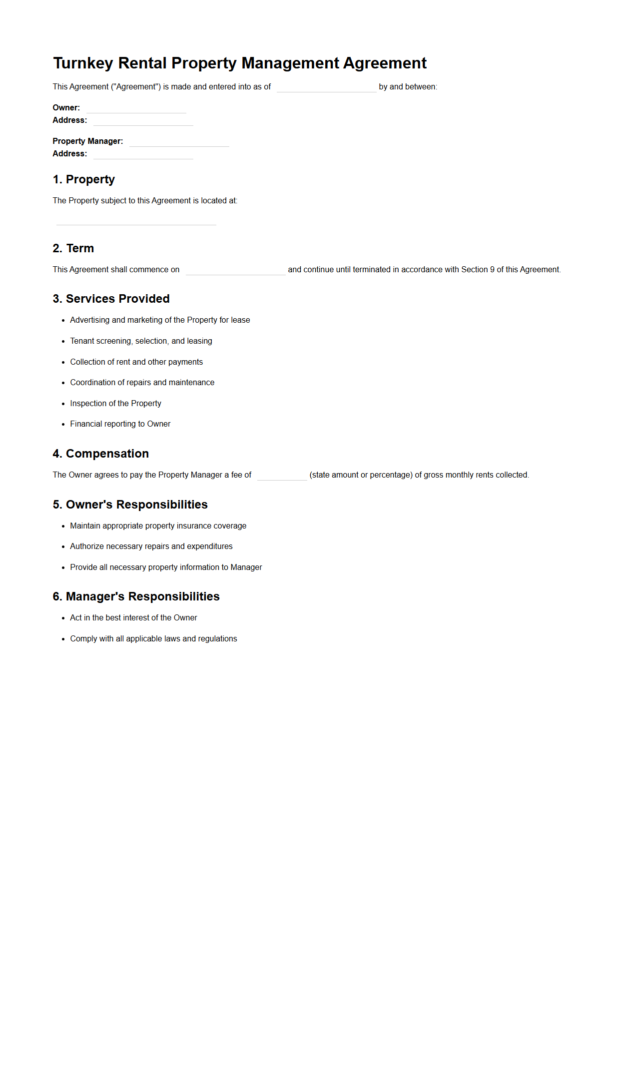 Turnkey Rental Property Management Agreement Model