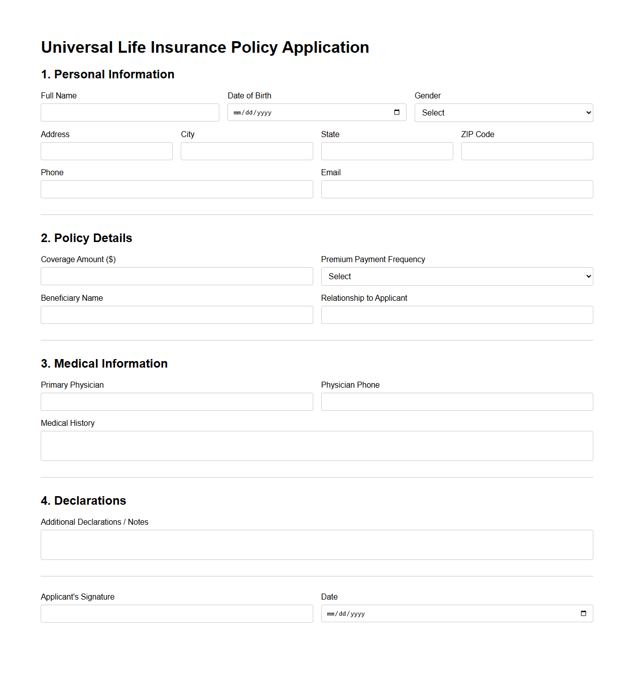 Universal Life Insurance Policy Application Format