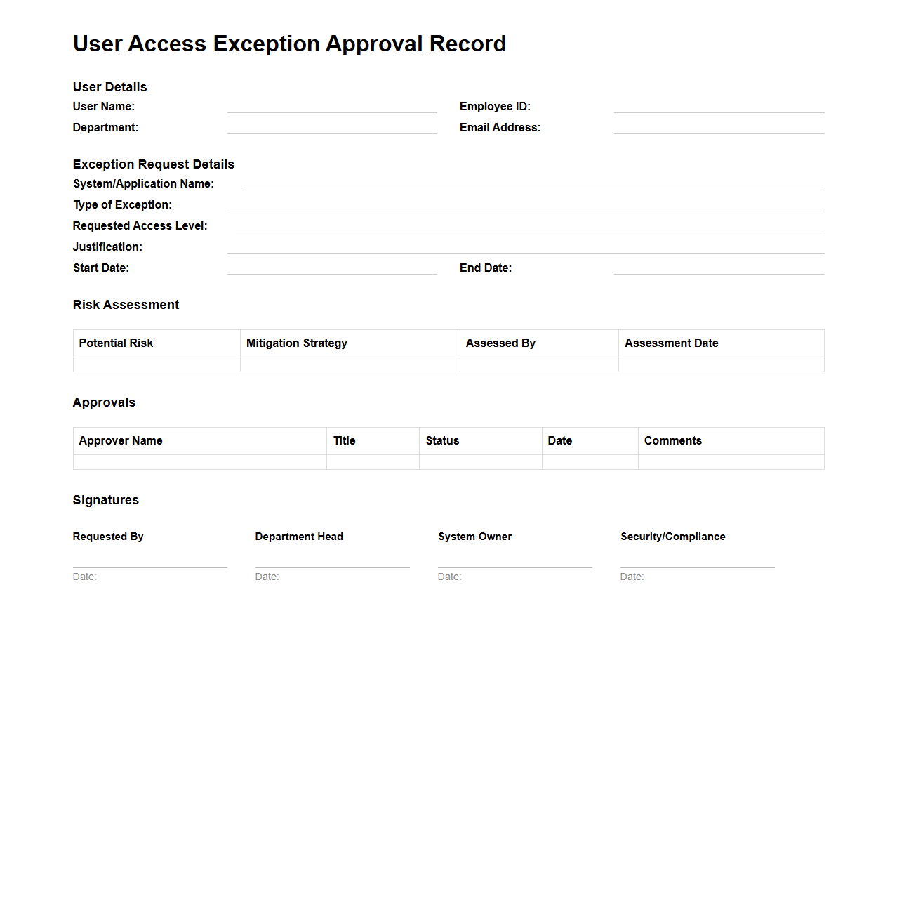 User Access Exception Approval Record for Secure Systems
