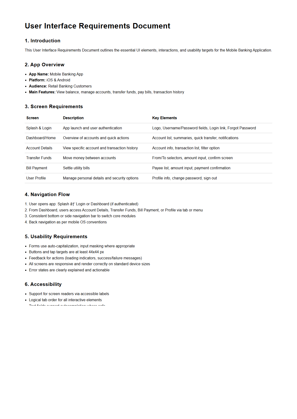 User Interface Requirements Document for Mobile Banking App