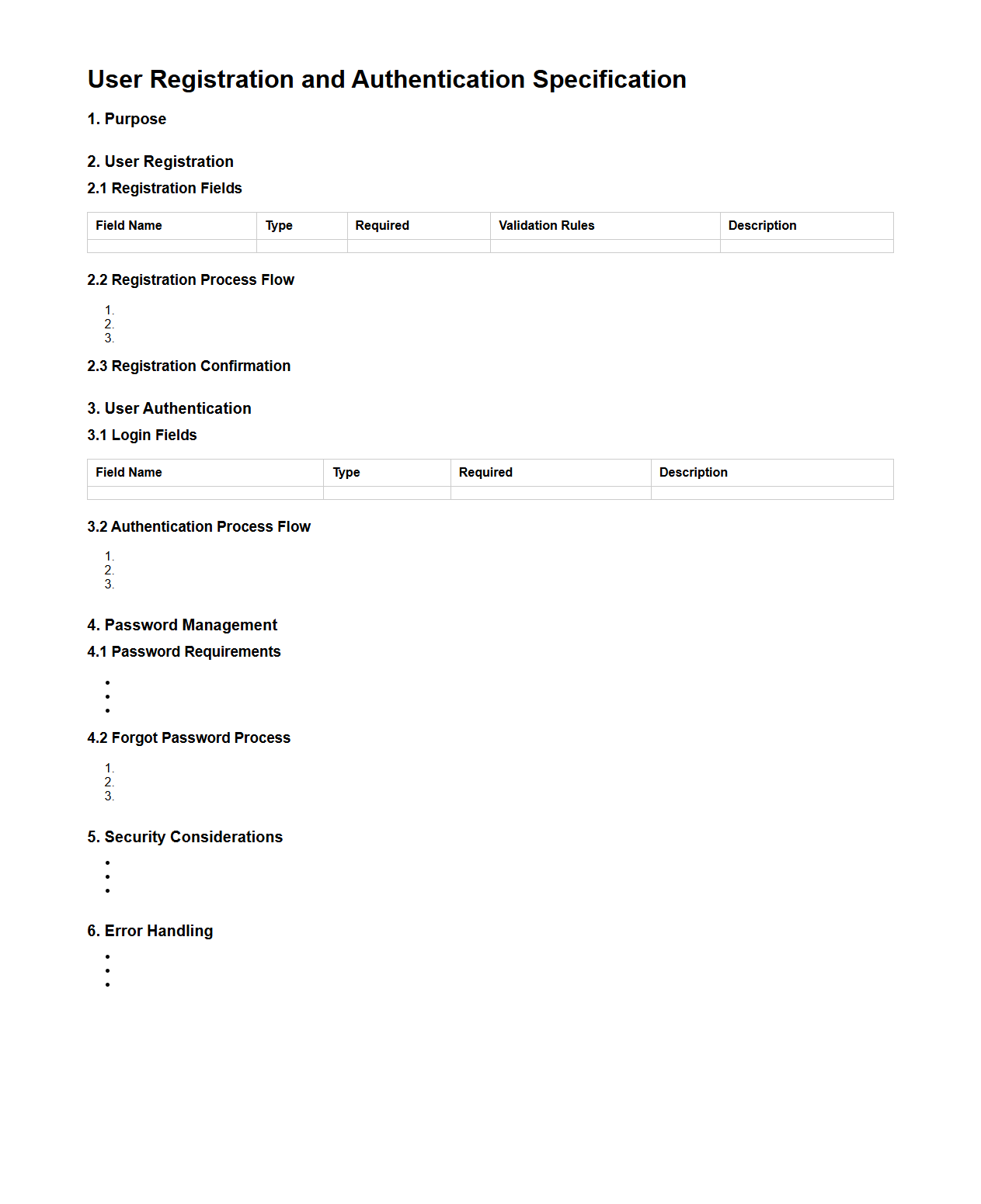 User Registration and Authentication Specification Template