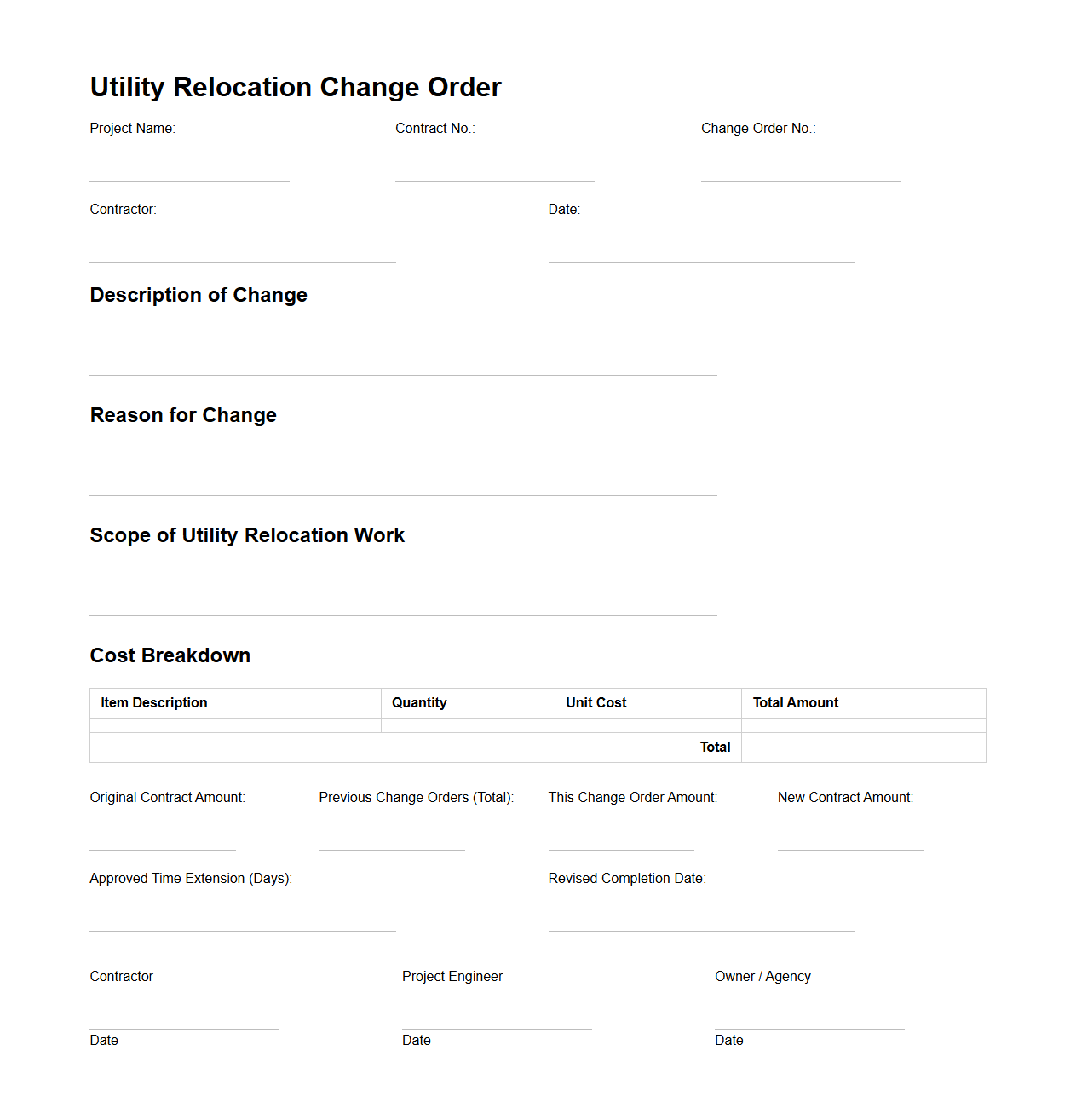 Utility Relocation Change Order Sample for Contractors