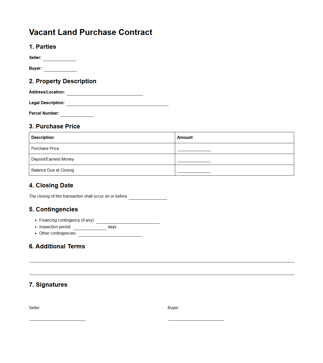 Vacant Land Purchase Contract Sample