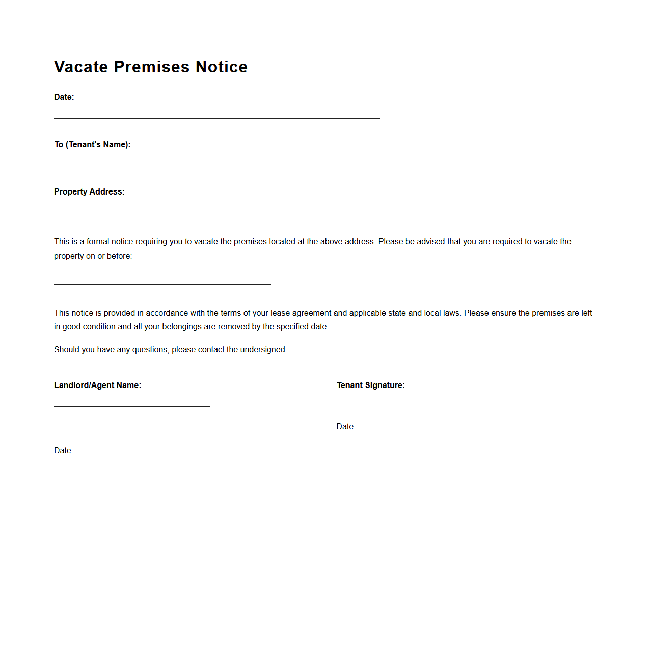 Vacate Premises Notice Sample