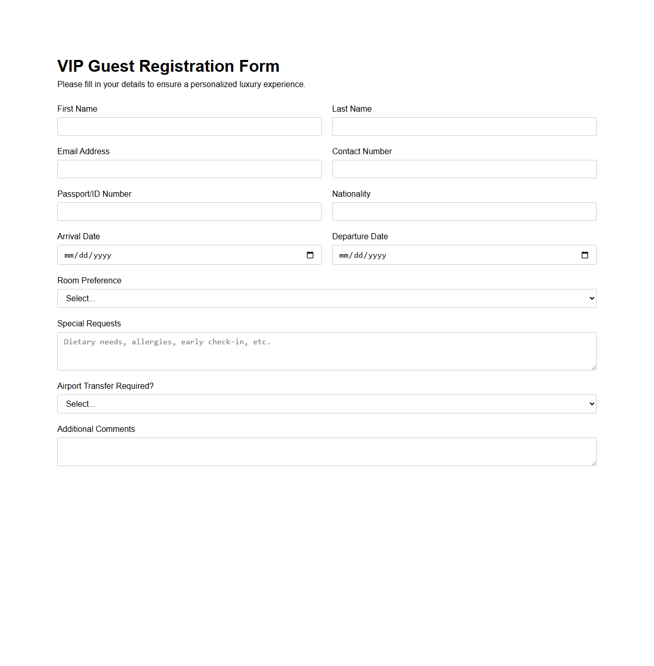 VIP Guest Registration Form for Luxury Hotels