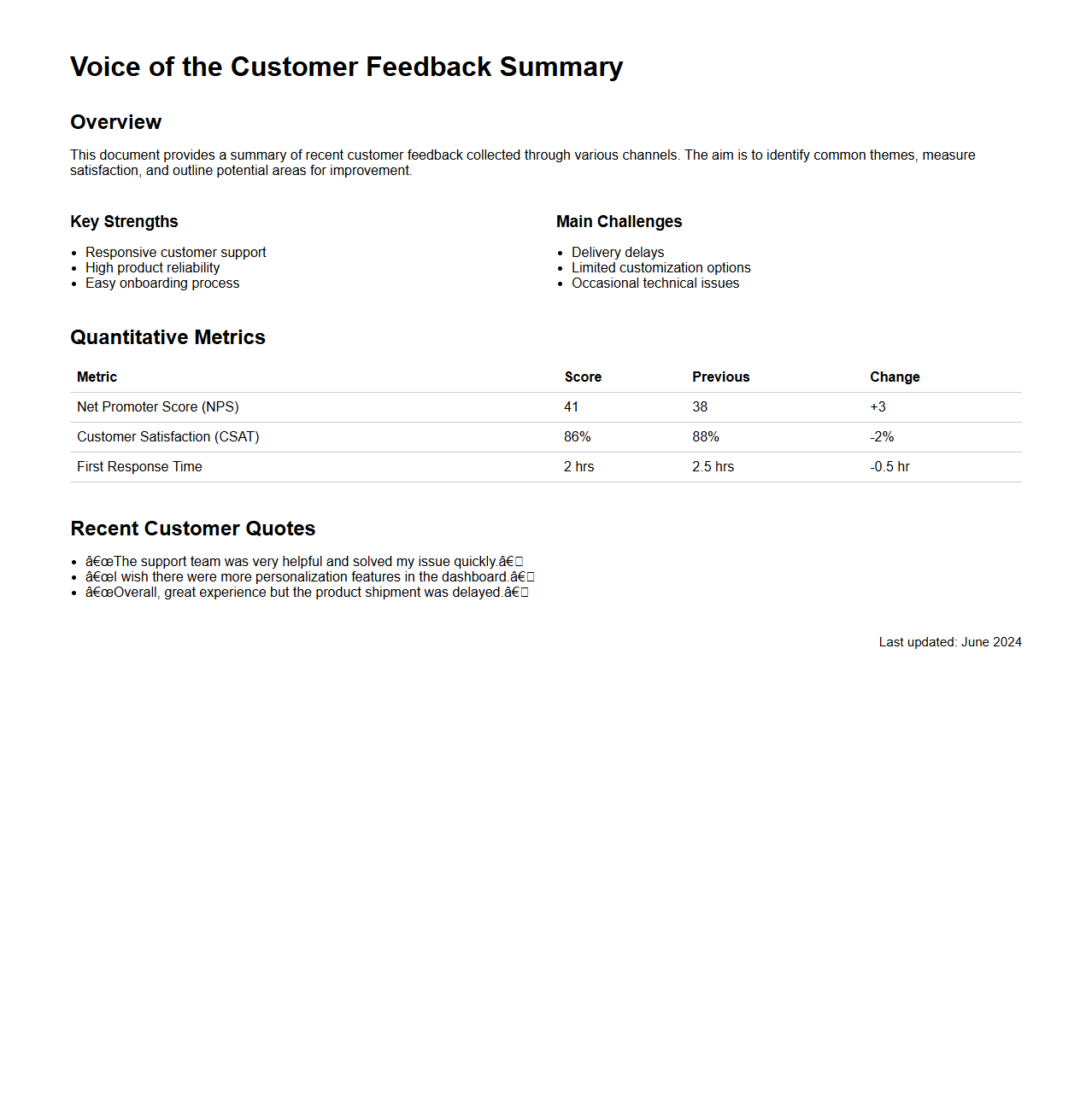 Voice of the Customer Feedback Summary