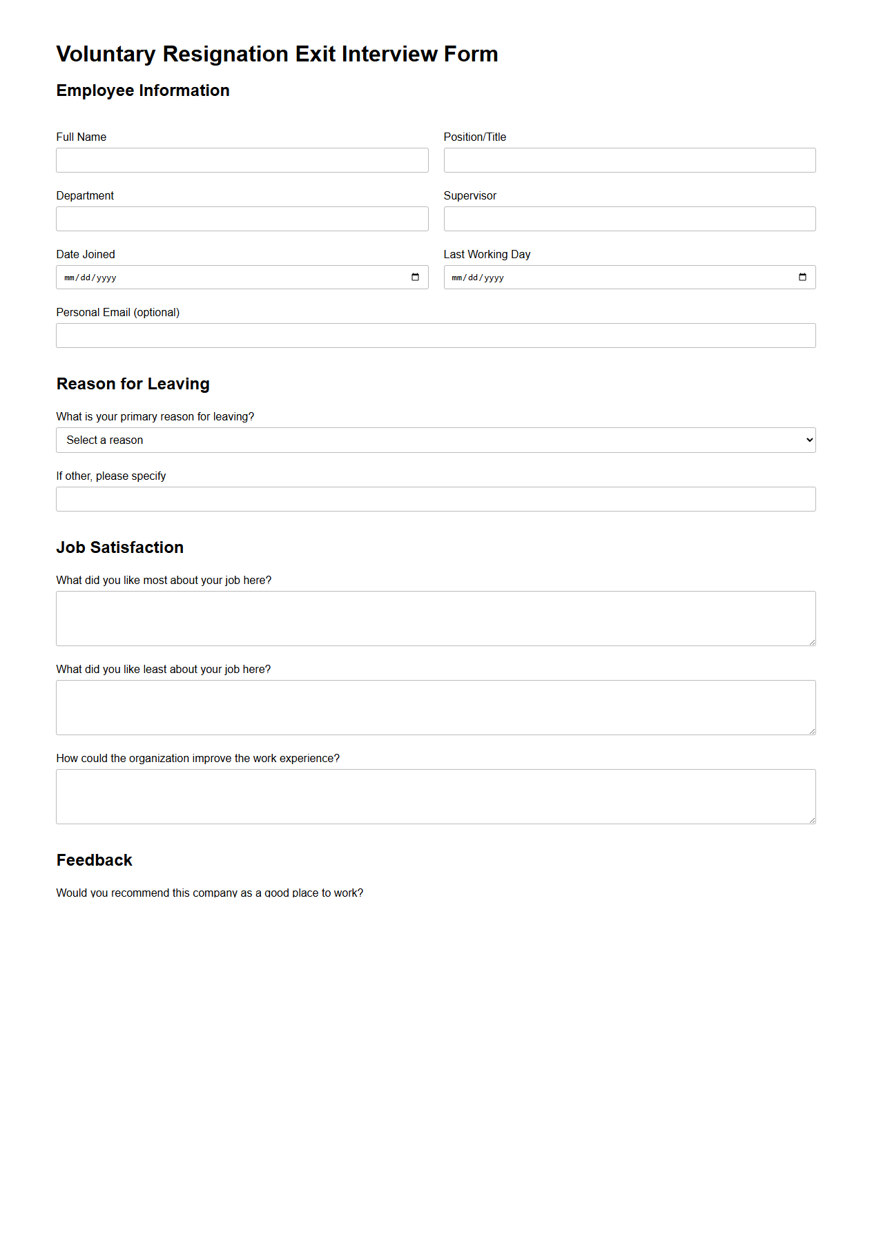 Voluntary Resignation Exit Interview Form