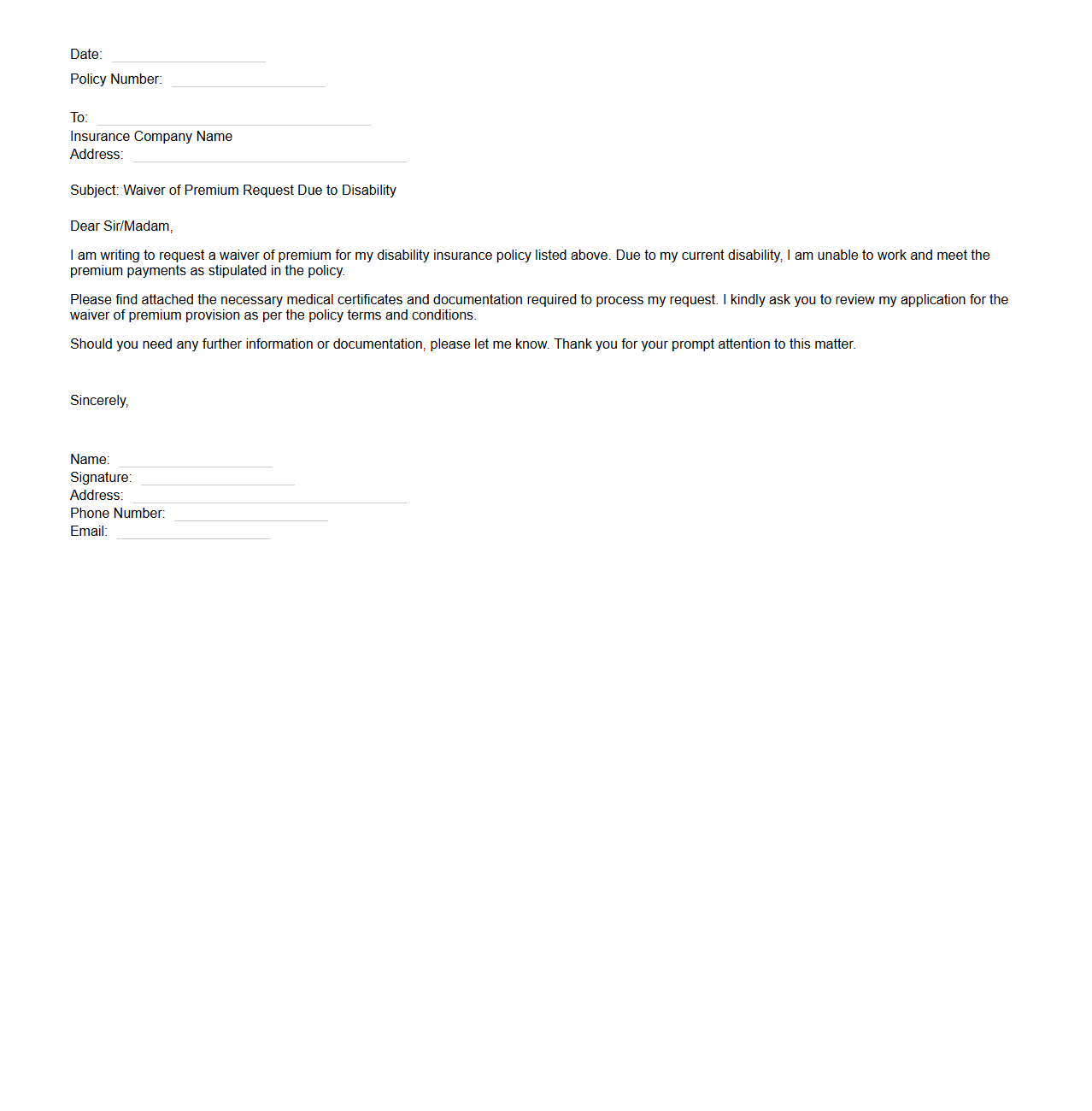 Waiver of Premium Letter Template for Disability Insurance