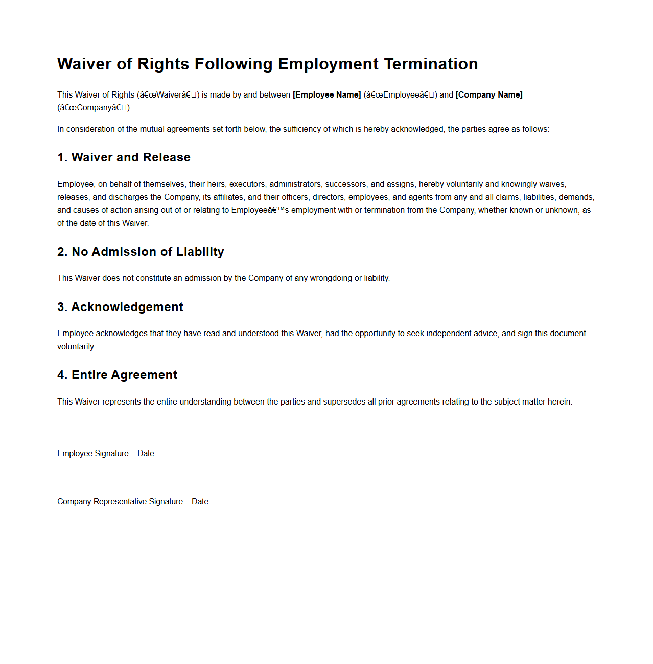 Waiver of Rights Following Employment Termination