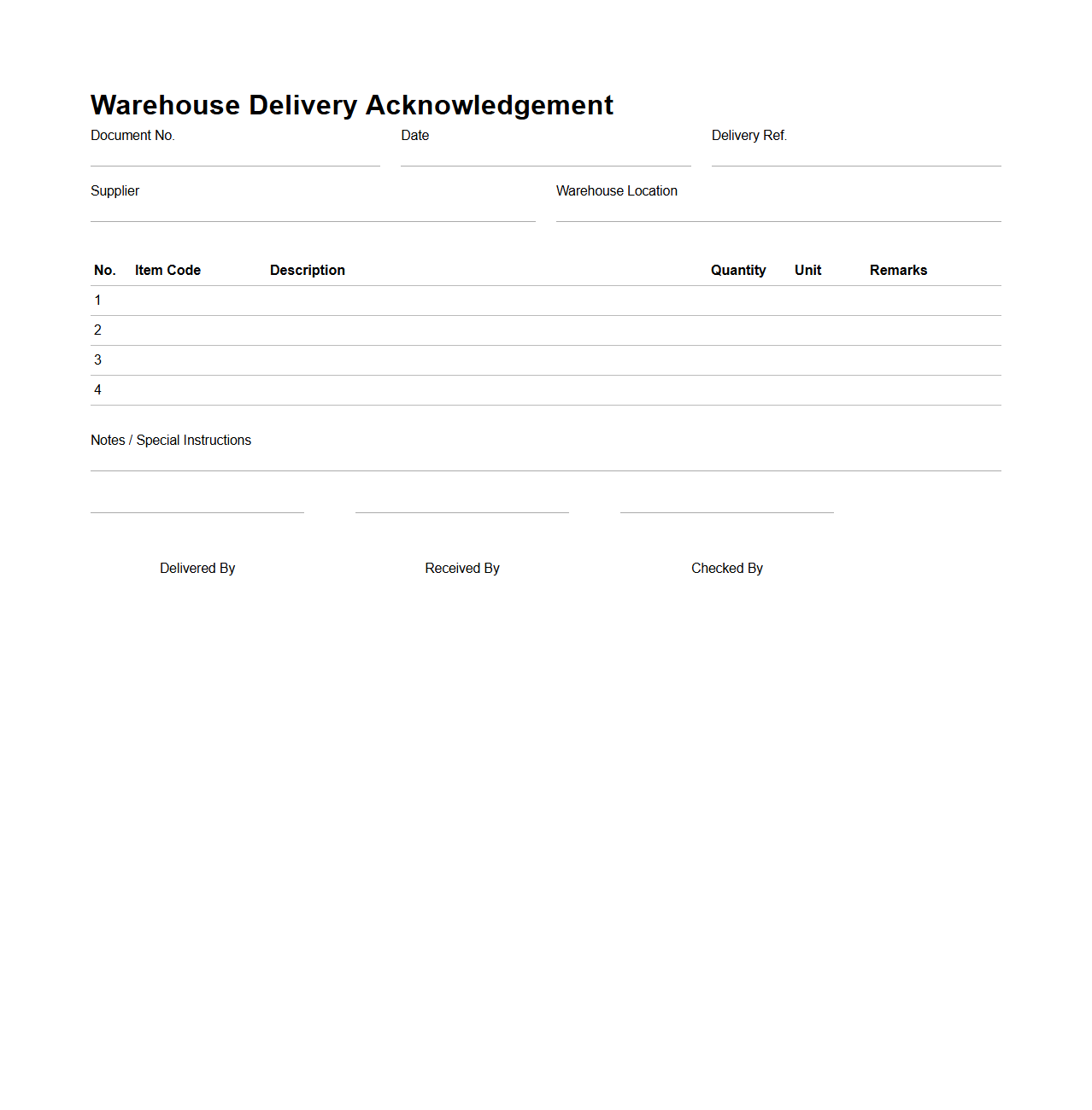 Warehouse Delivery Acknowledgement Document