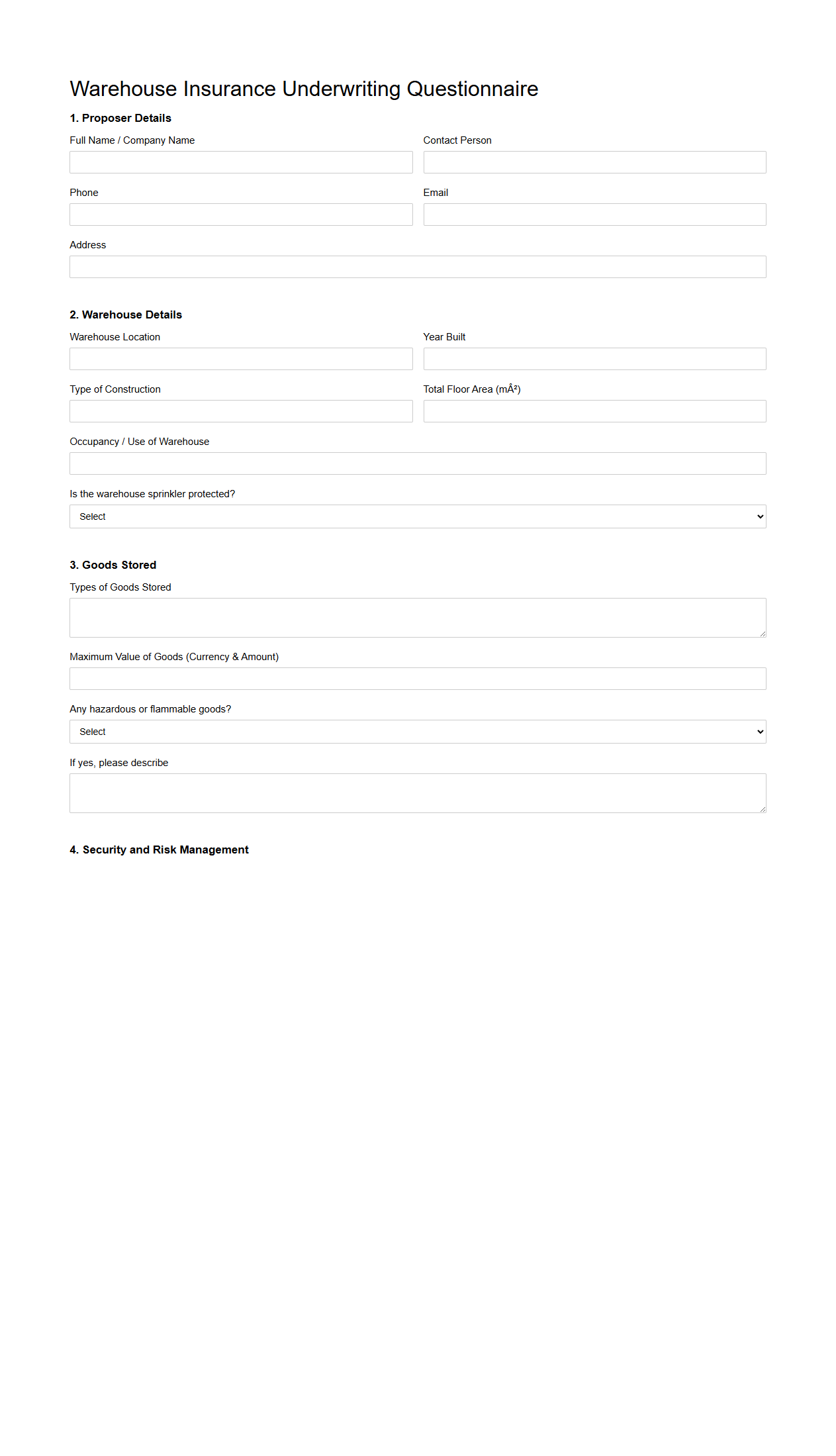 Warehouse Insurance Underwriting Questionnaire