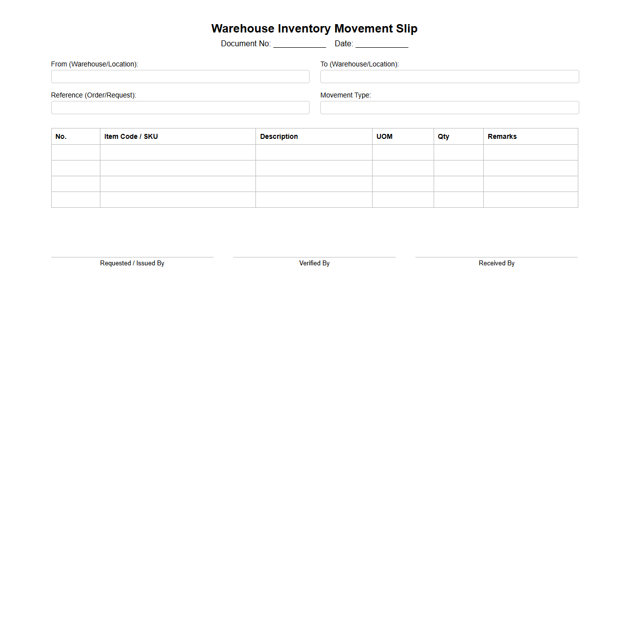Warehouse Inventory Movement Slip