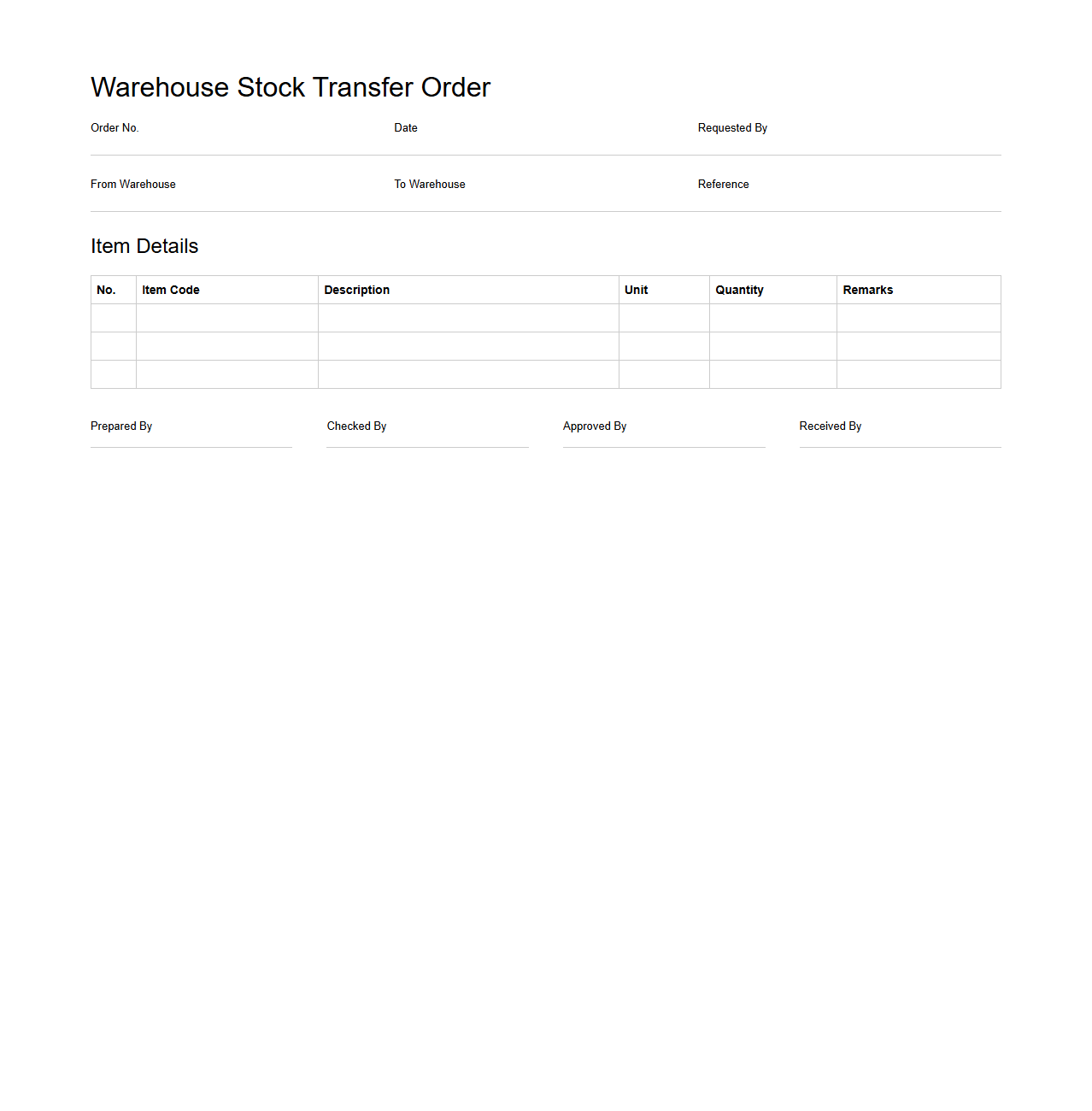 Warehouse Stock Transfer Order Template