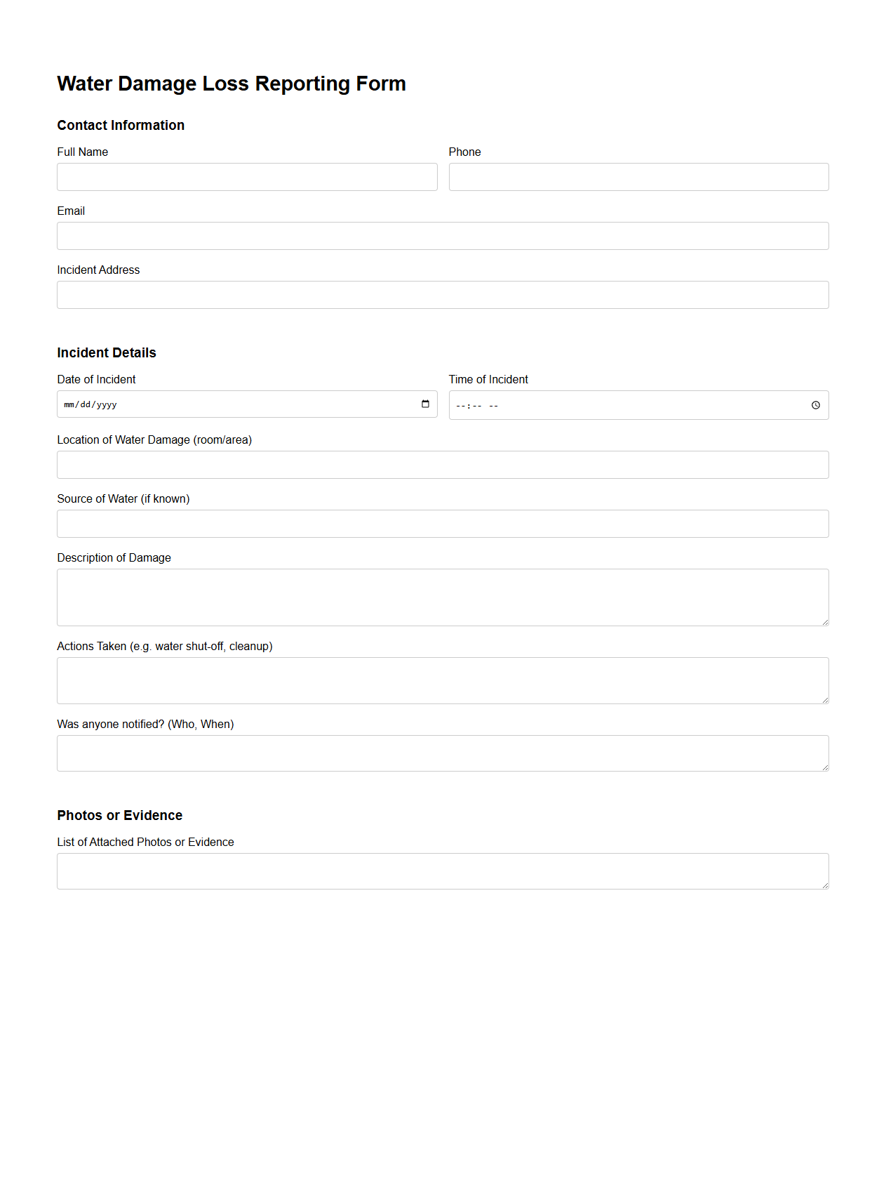 Water Damage Loss Reporting Form