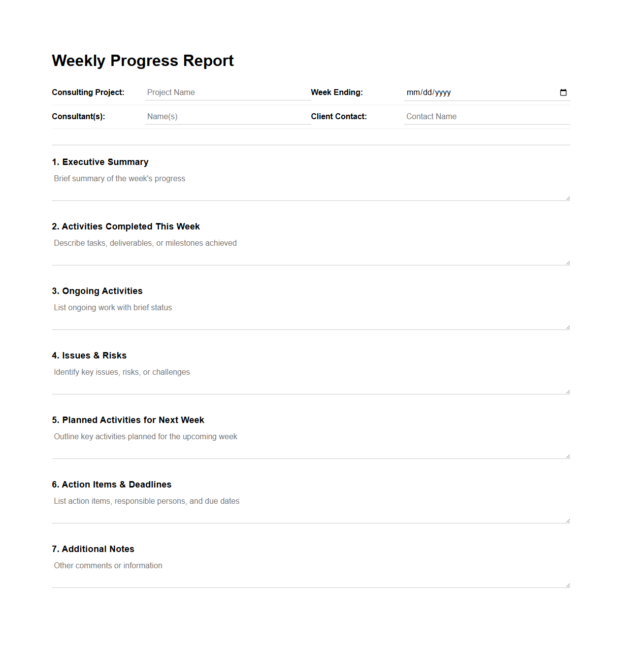 Weekly Progress Report Template for Consulting Projects