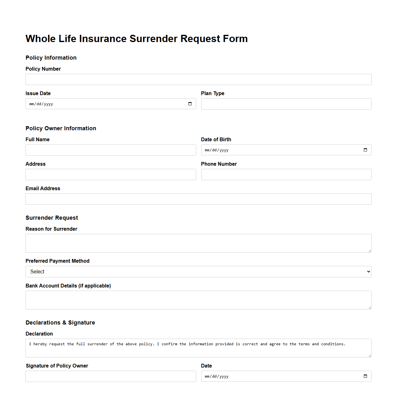 Whole Life Insurance Surrender Request Form Template