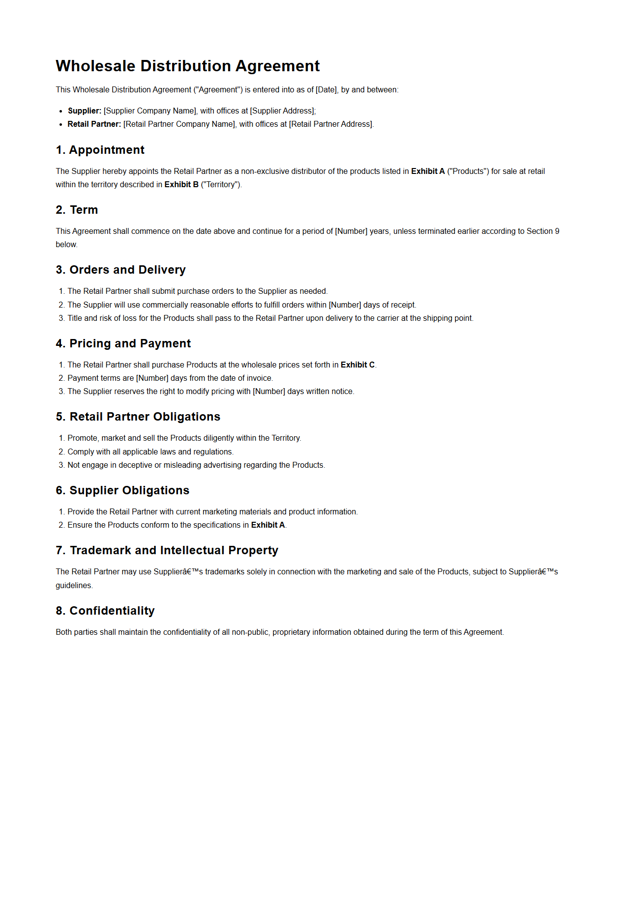 Wholesale Distribution Agreement Sample for Retail Partners