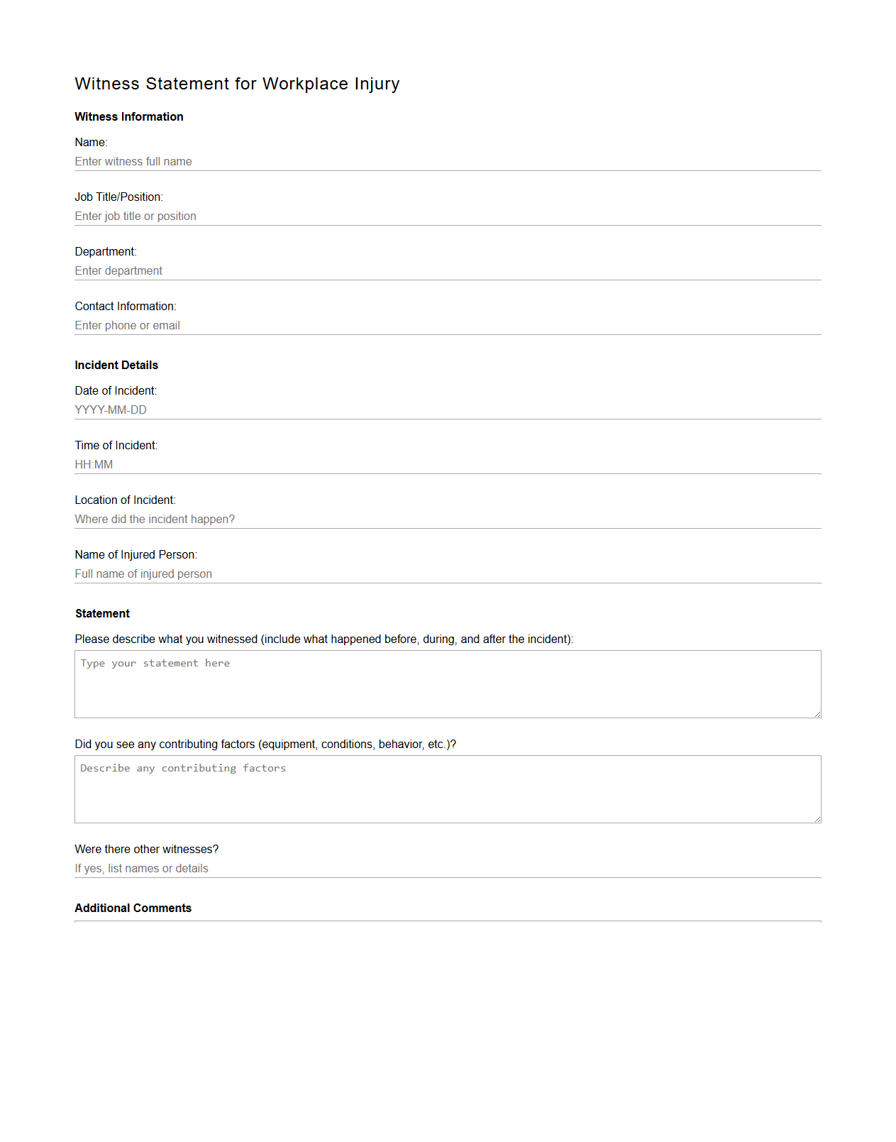 Witness Statement for Workplace Injury