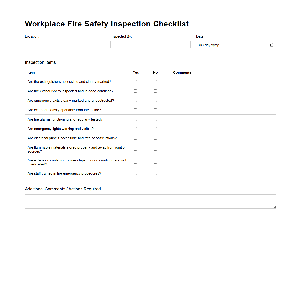 Workplace Fire Safety Inspection Checklist