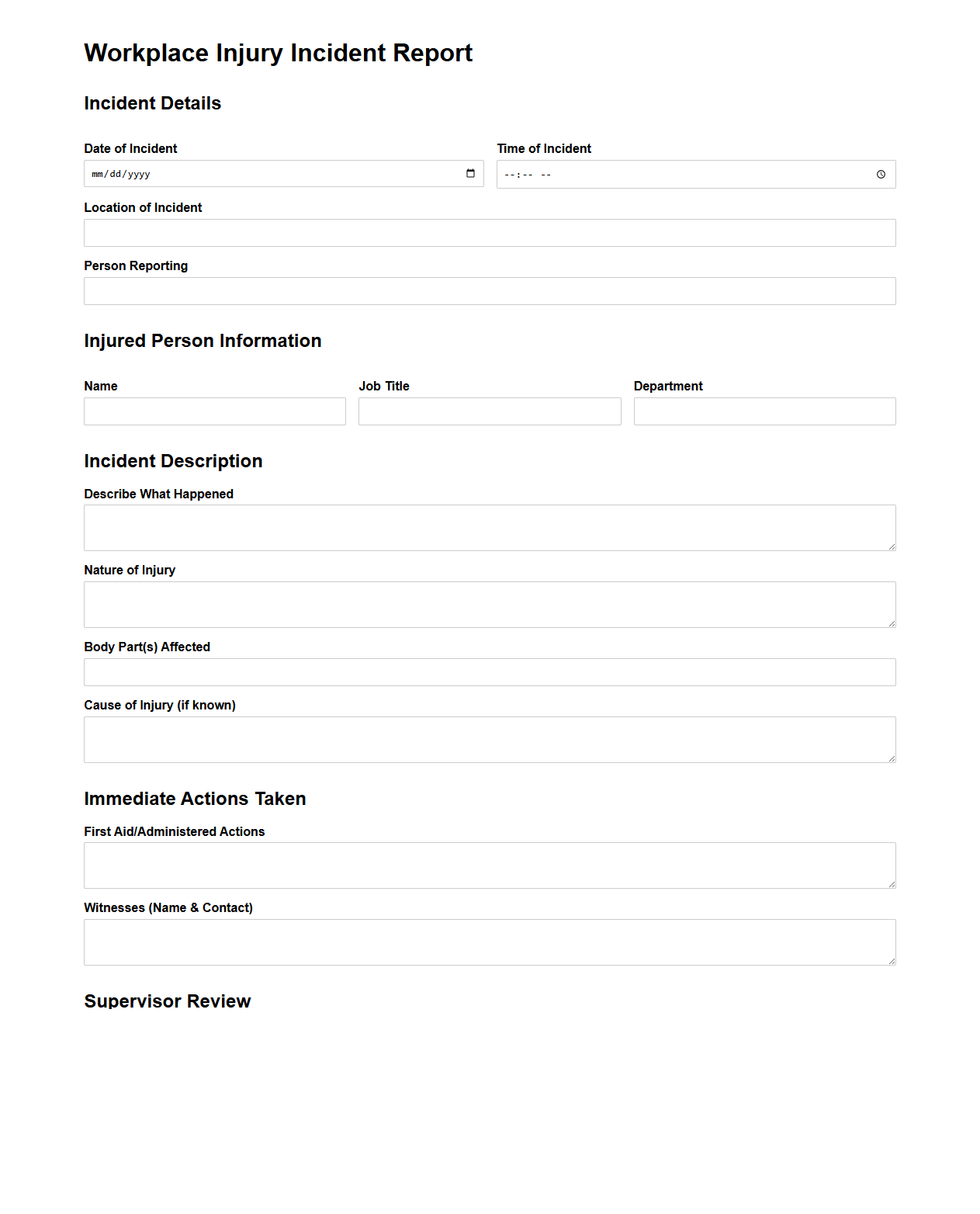 Workplace Injury Incident Report Sample for Manufacturing