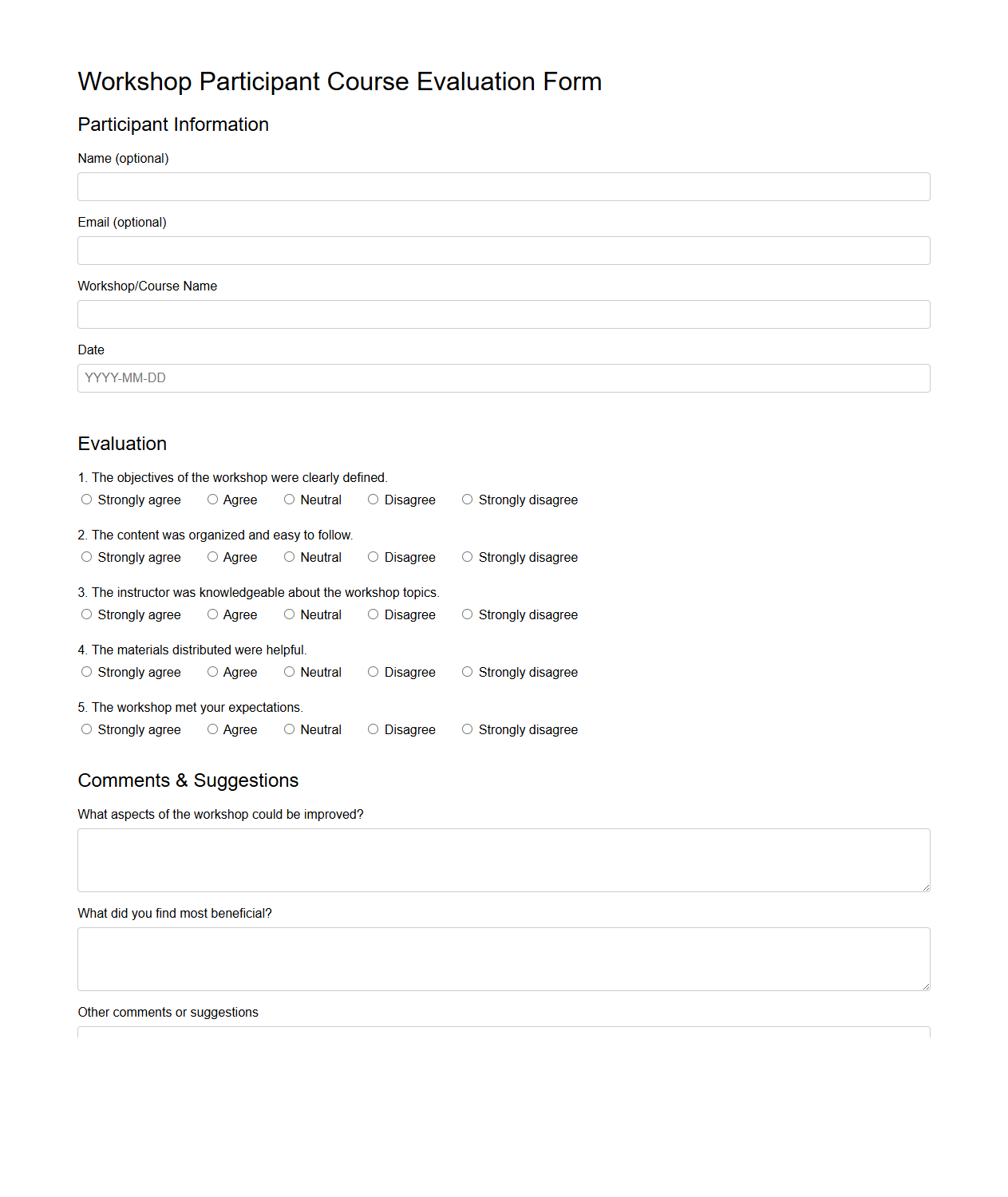 Workshop Participant Course Evaluation Form
