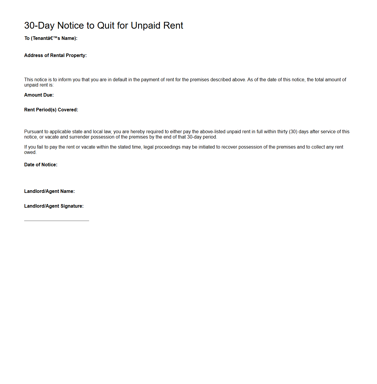 30-Day Notice to Quit for Unpaid Rent