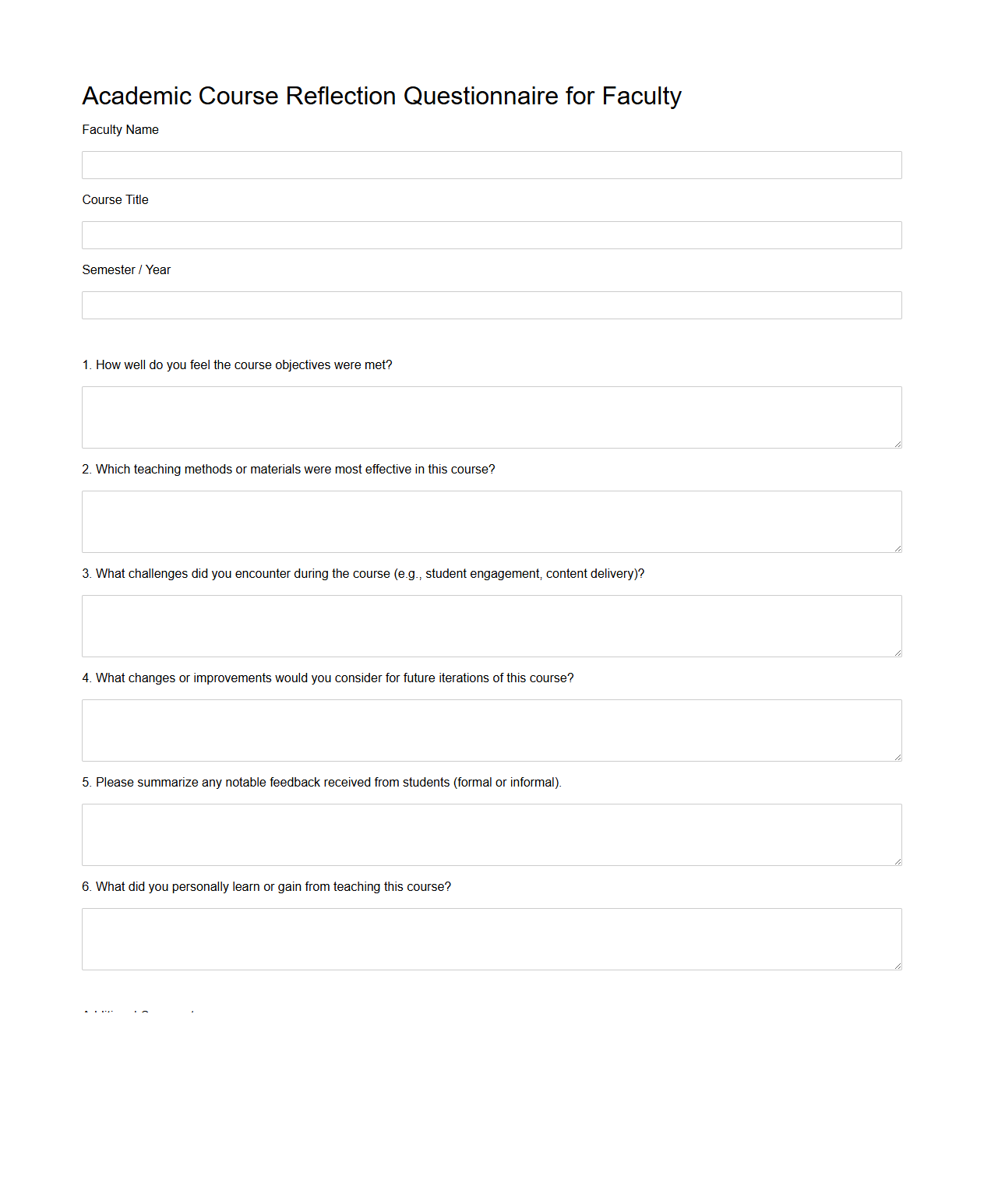Academic Course Reflection Questionnaire for Faculty