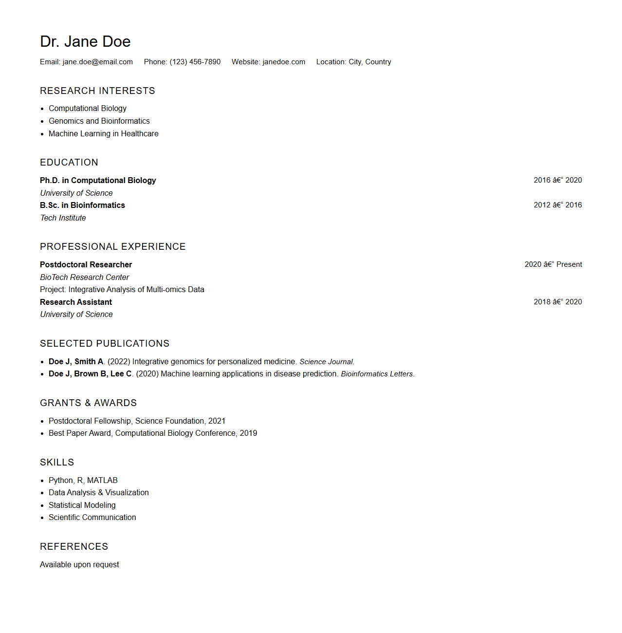 Academic Researcher CV Example